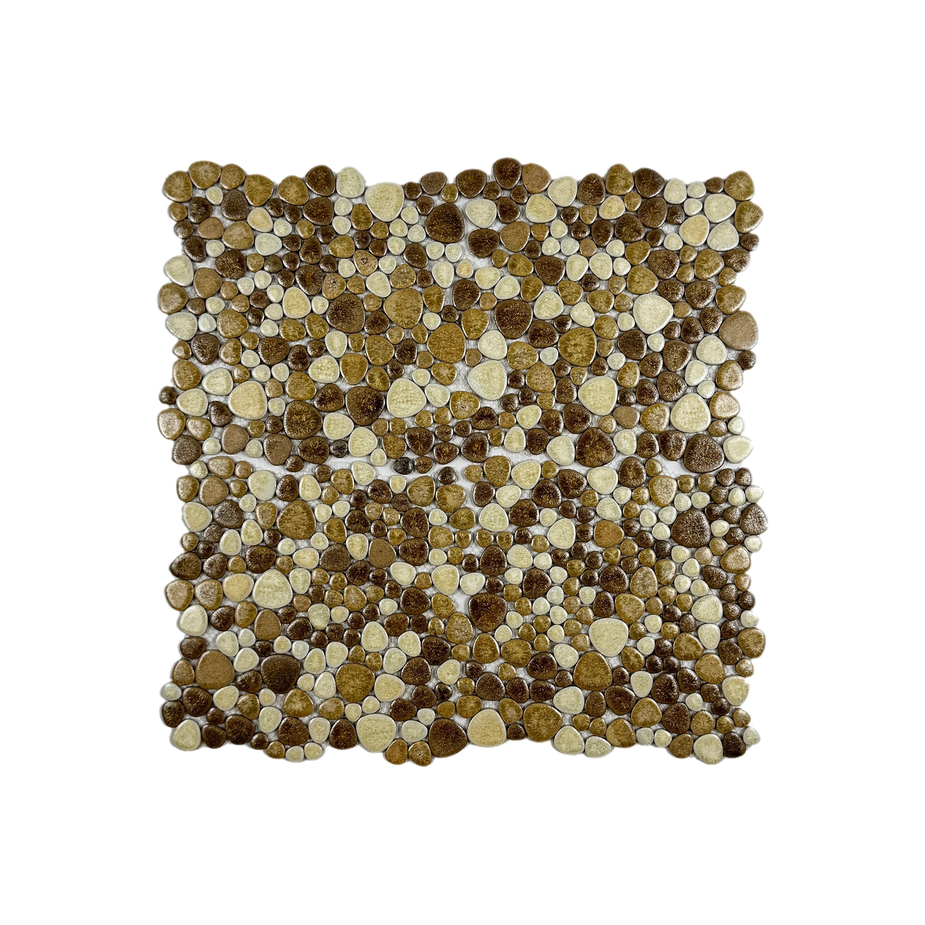 Beige mixed round ice crack porcelain mosaic tile with glossy finish. Perfect for walls, bathrooms, kitchens, and feature spaces with modern elegance.