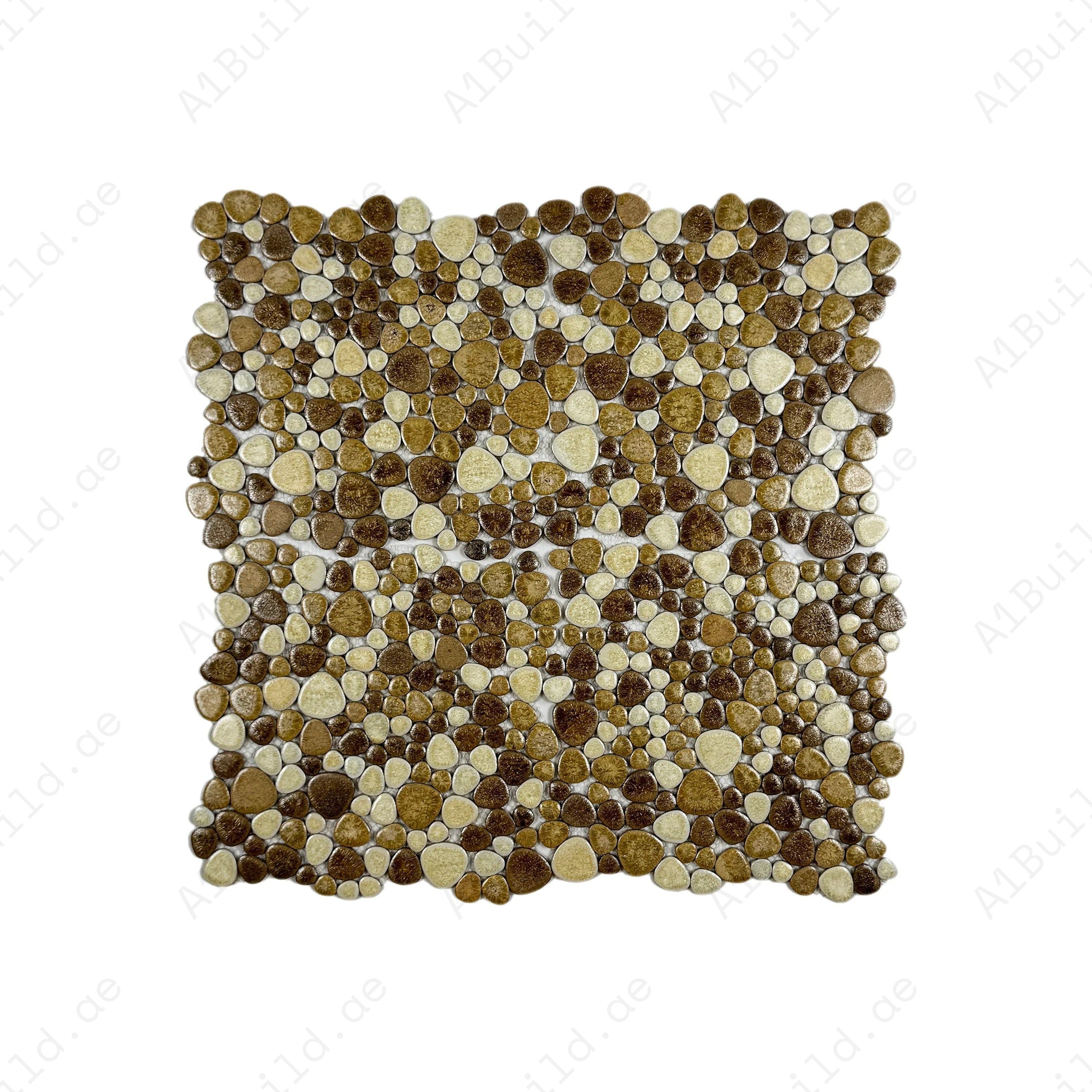 Beige mixed round ice crack porcelain mosaic tile with glossy finish. Perfect for walls, bathrooms, kitchens, and feature spaces with modern elegance.