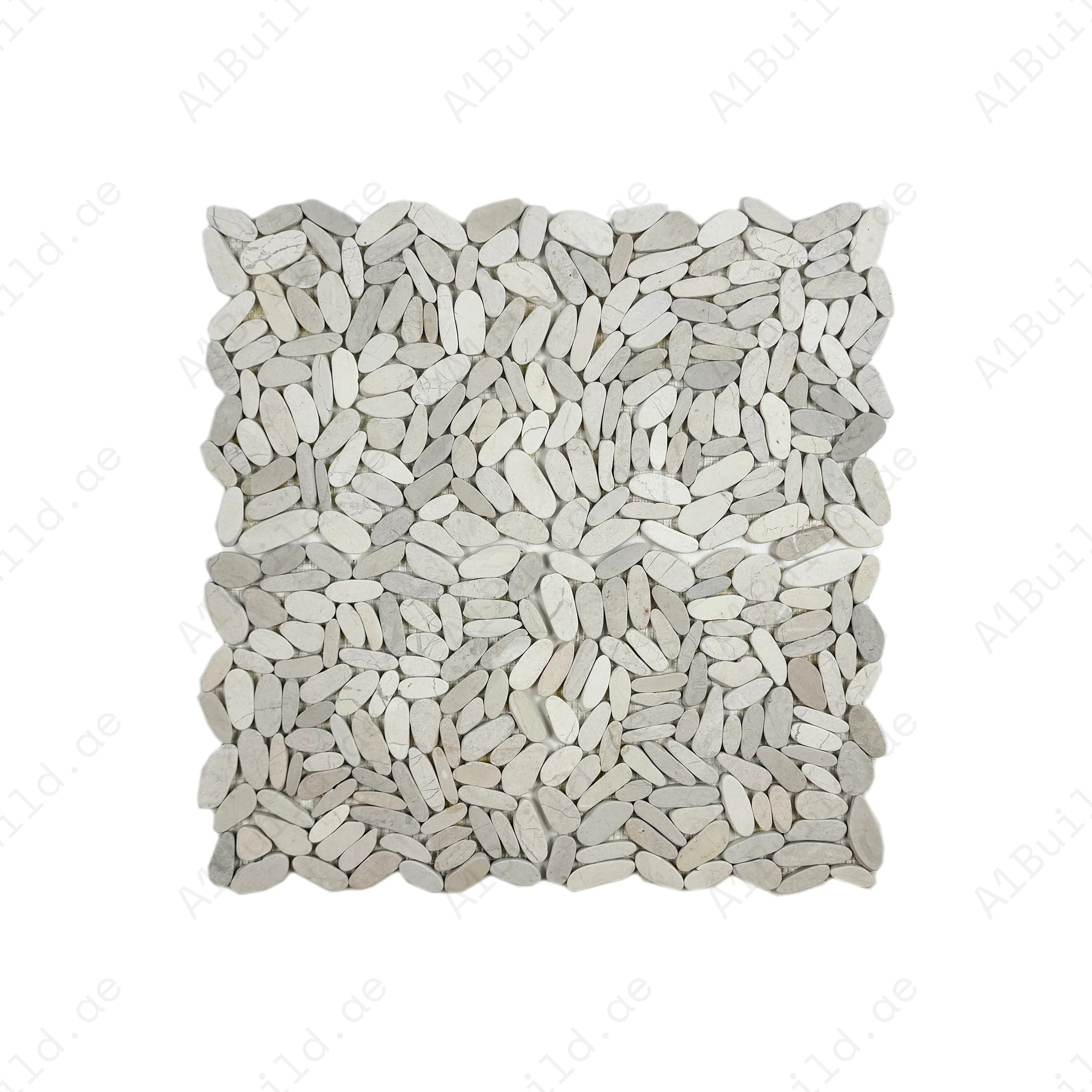 Beige semi-matte sliced long elliptic pebble stone mosaic with natural texture. Ideal for walls, bathrooms, and feature areas with elegant organic appeal.