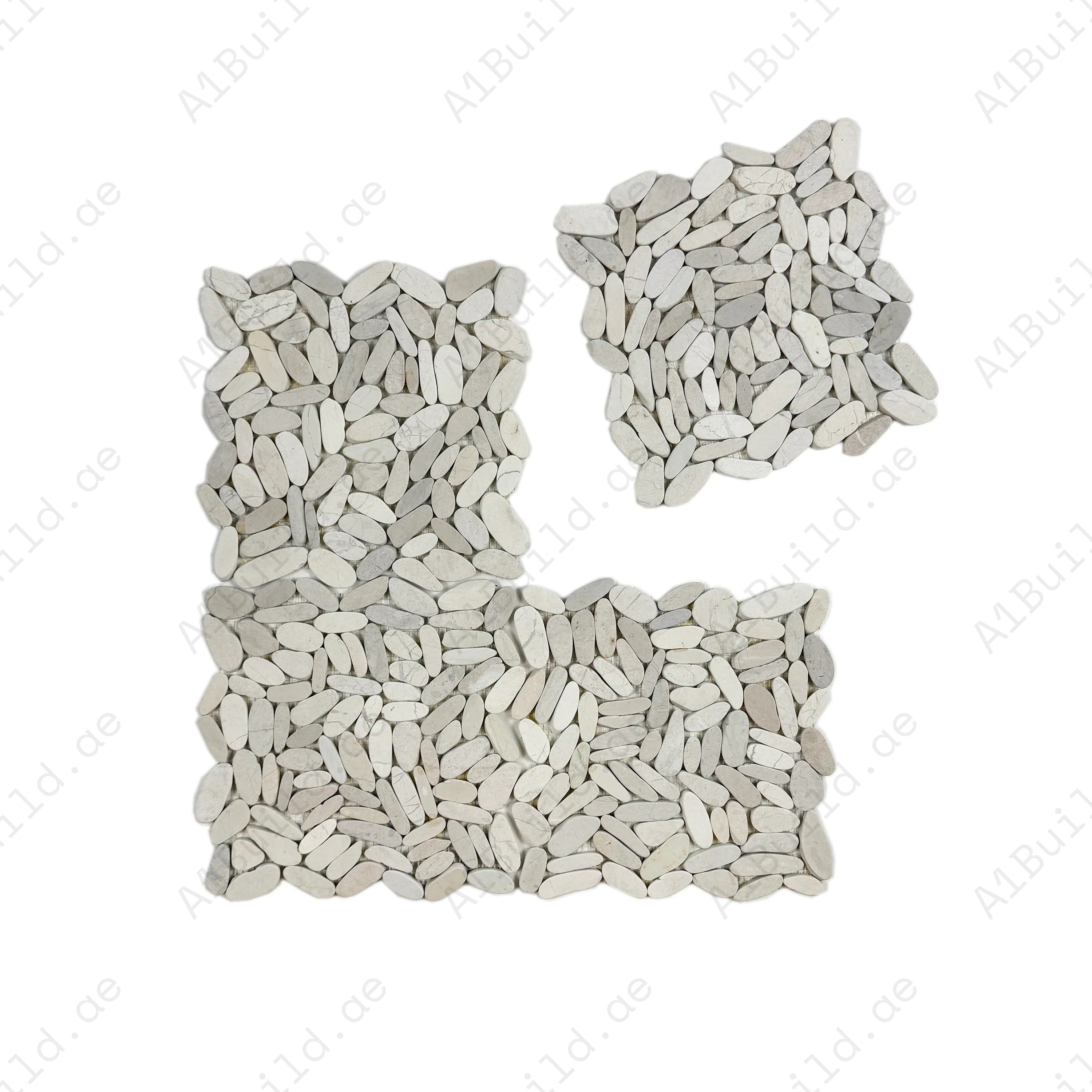 Beige semi-matte sliced long elliptic pebble stone mosaic with natural texture. Ideal for walls, bathrooms, and feature areas with elegant organic appeal.