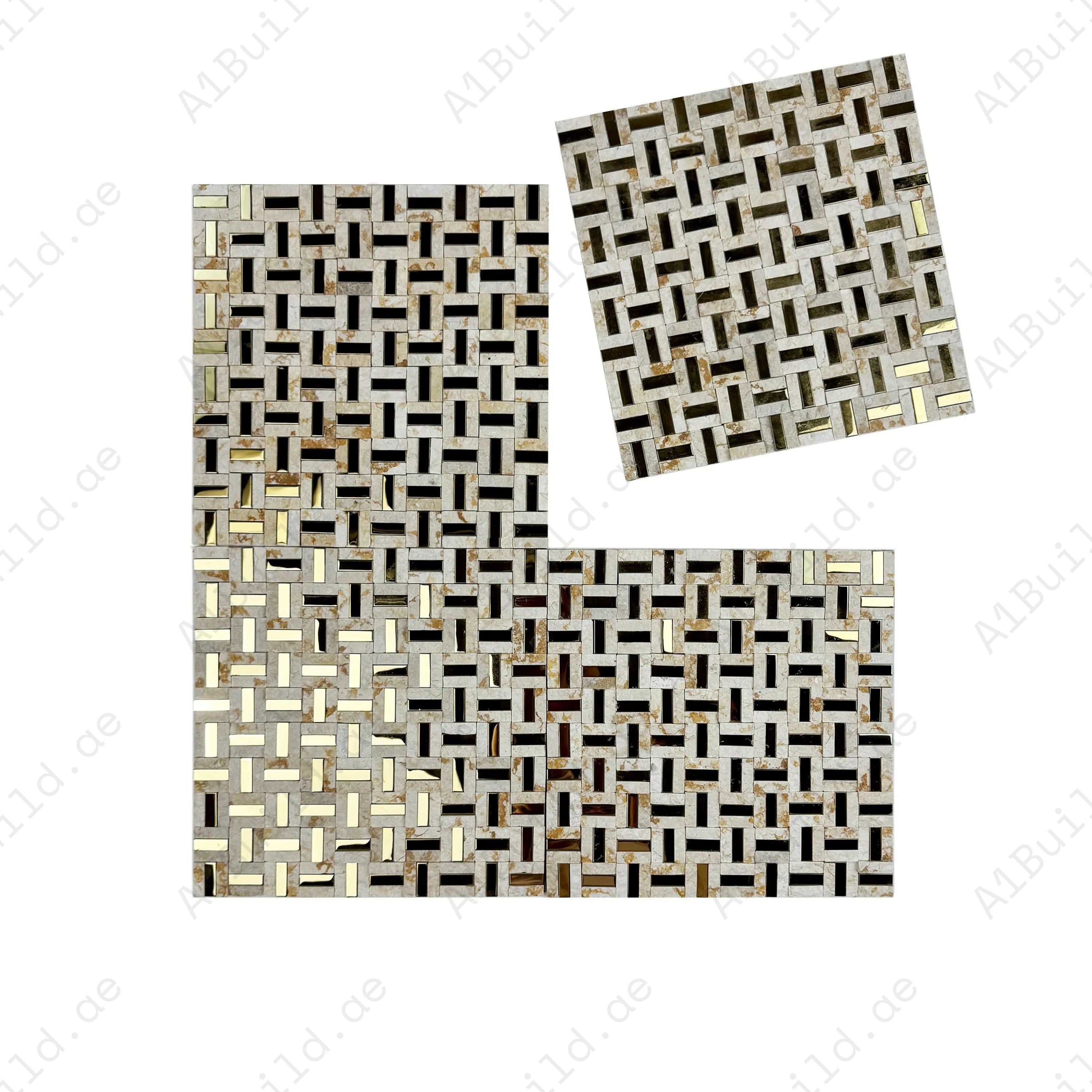 Beverly Luxe Sunny Beige with Gold Stainless Steel Marble Mosaic. Elegant, durable, and ideal for luxury walls and interiors. Perfect blend of stone and metal