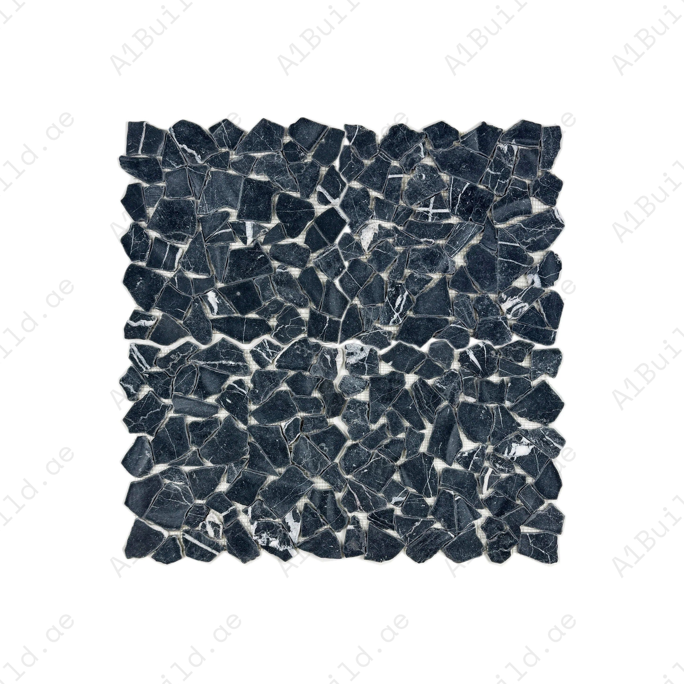 Black Marquina honed irregular marble mosaic tile for walls & floors. Durable, stylish, and ideal for luxury interiors with timeless elegance & charm.