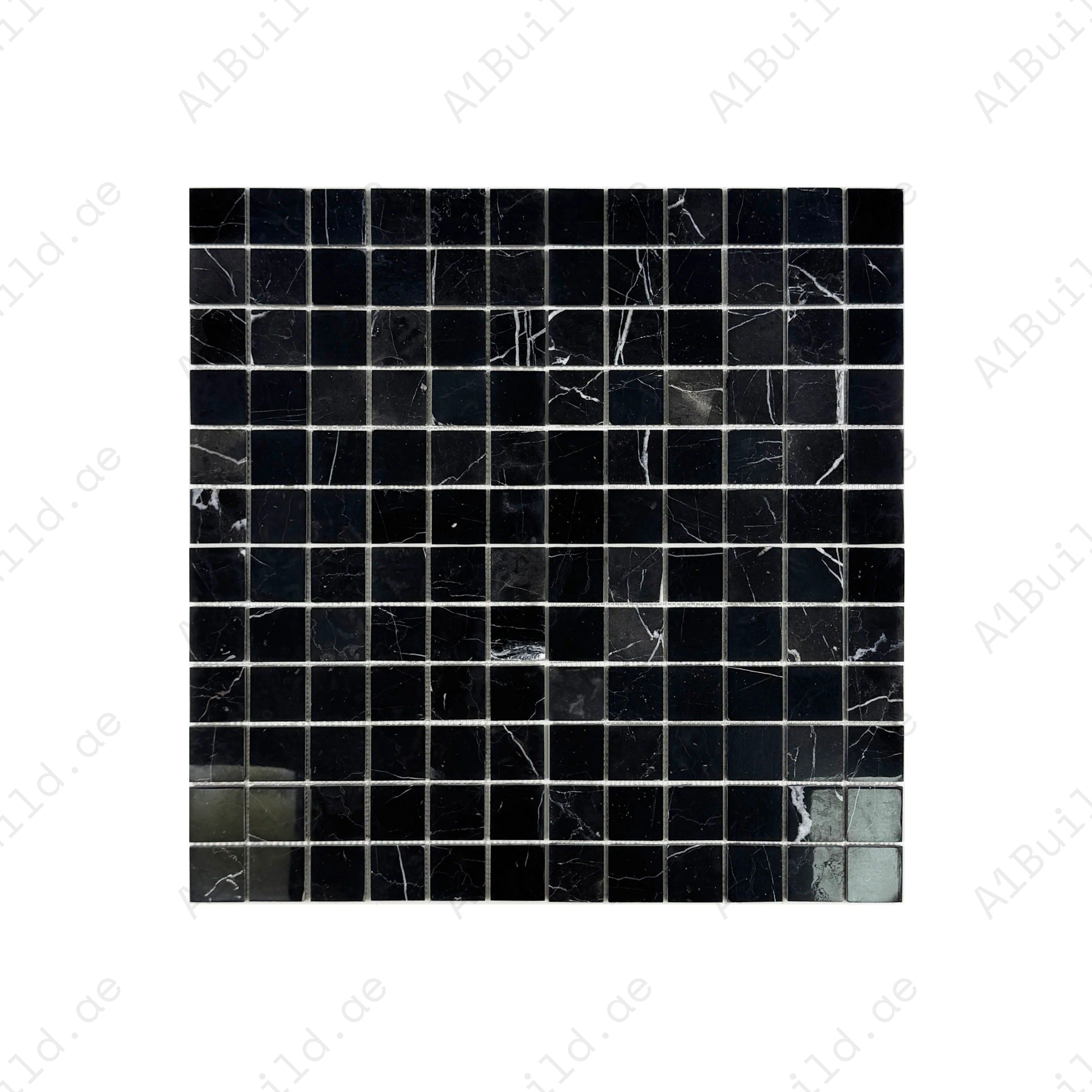 Black Marquina polished marble mosaic brings luxury and elegance to walls, backsplashes, and interiors. Durable, easy to maintain, and high-end in finish.