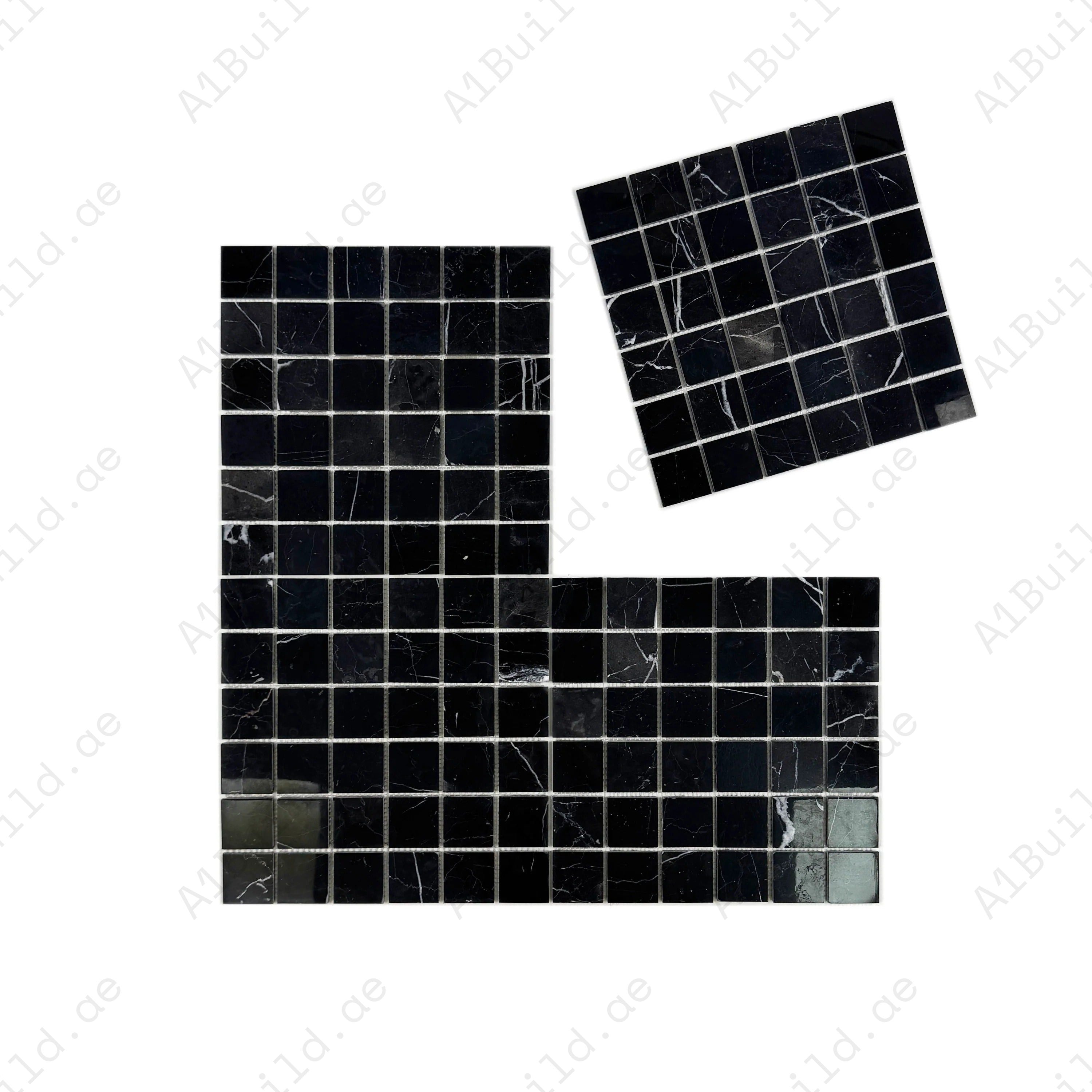 Black Marquina polished marble mosaic brings luxury and elegance to walls, backsplashes, and interiors. Durable, easy to maintain, and high-end in finish.