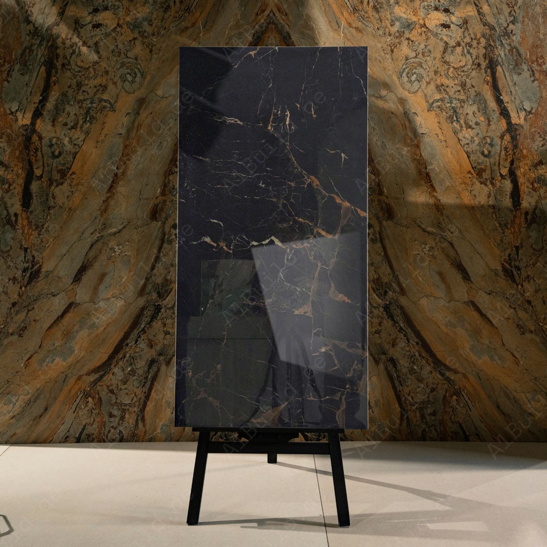Black Wonder glossy marble effect porcelain tile 60x120cm with 9mm thickness features deep black base and polished luxury finish.