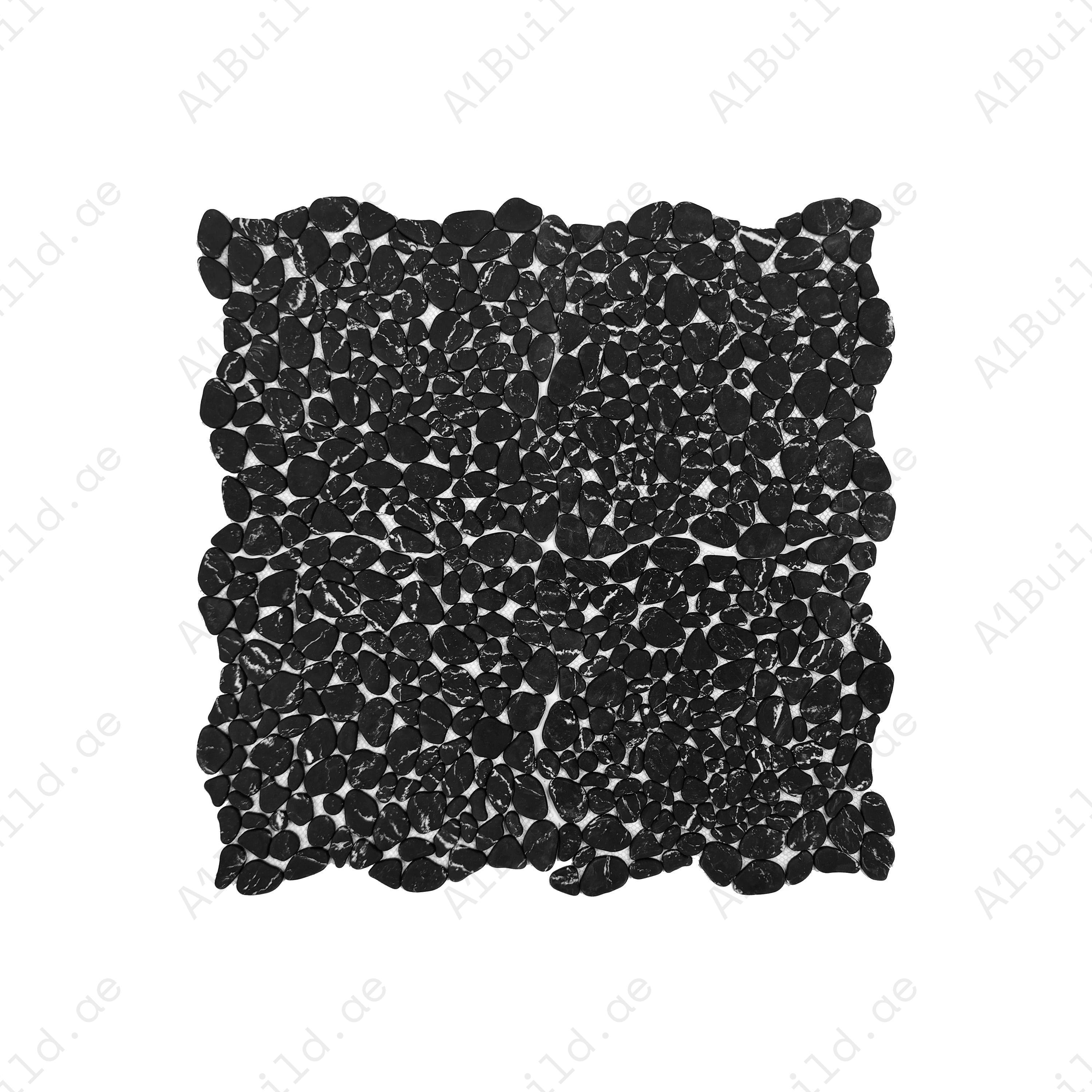 Black with white vein semi-matte pebble stone mosaic in irregular round shape. Perfect for walls, bathrooms, and decorative interiors with natural charm.