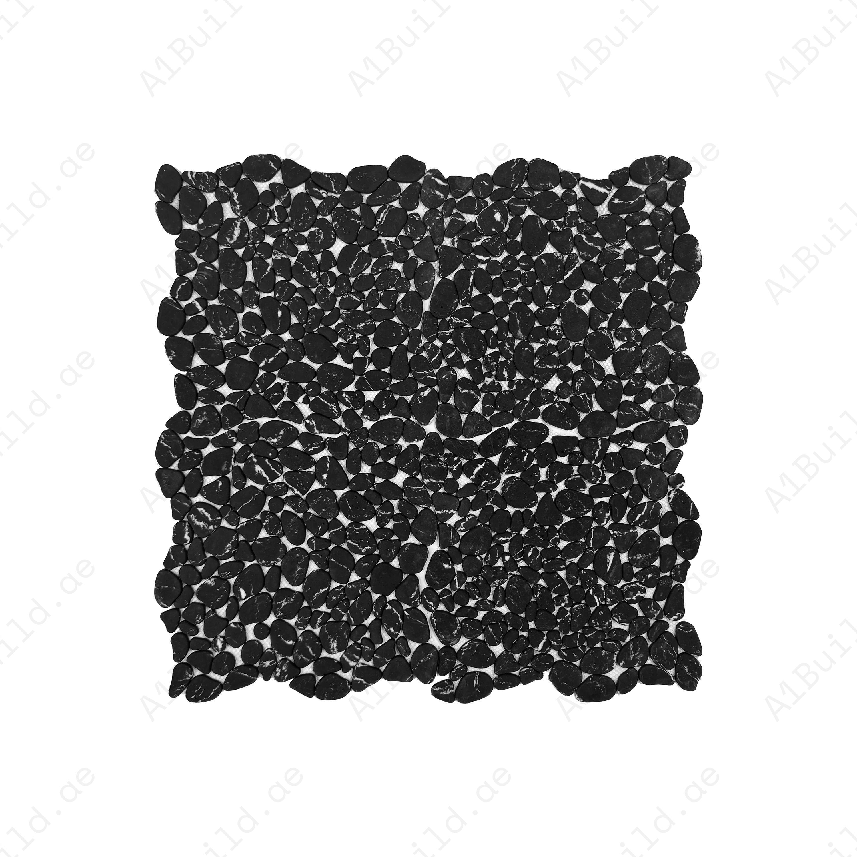 Black with white vein semi-matte pebble stone mosaic in irregular round shape. Perfect for walls, bathrooms, and decorative interiors with natural charm.