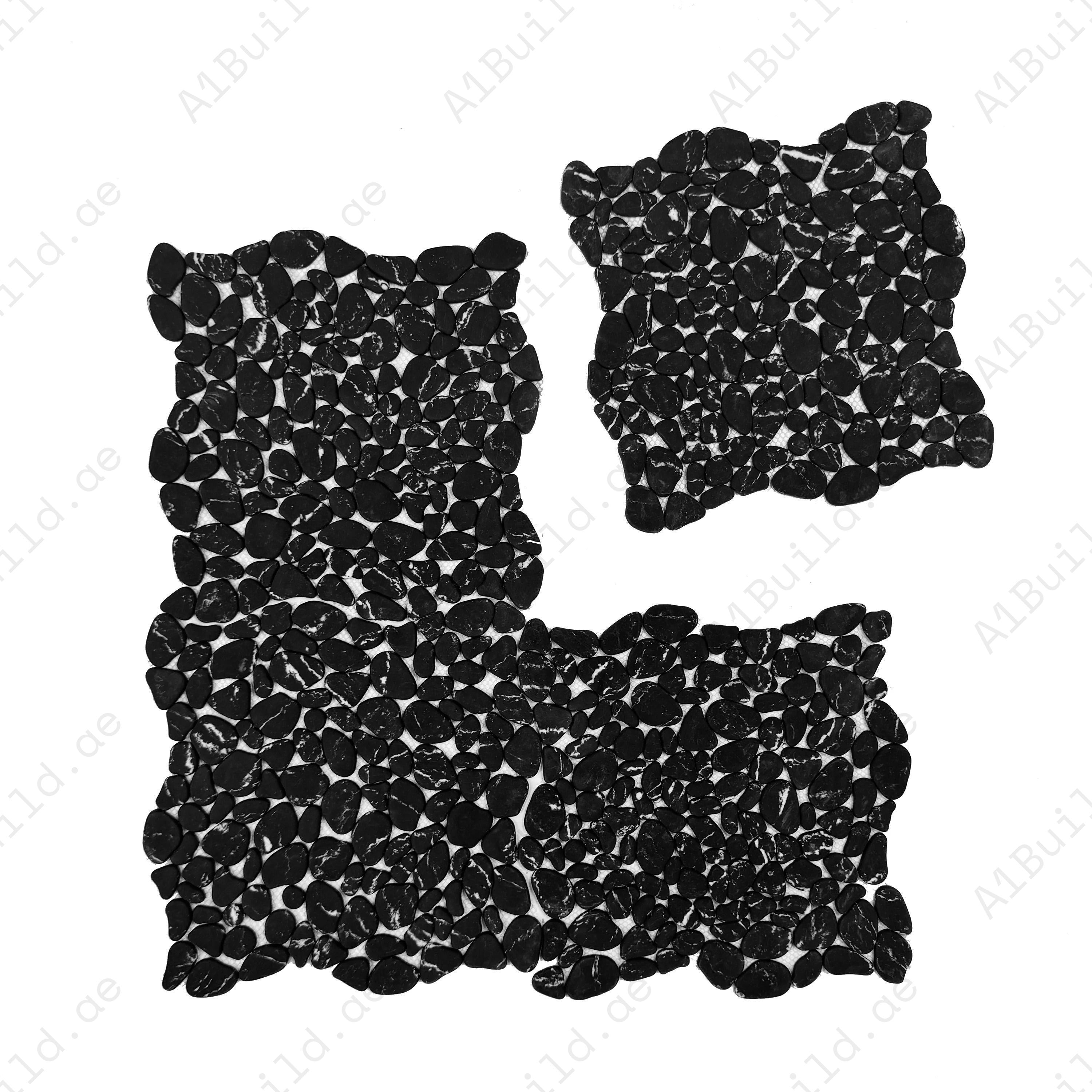 Black with white vein semi-matte pebble stone mosaic in irregular round shape. Perfect for walls, bathrooms, and decorative interiors with natural charm.