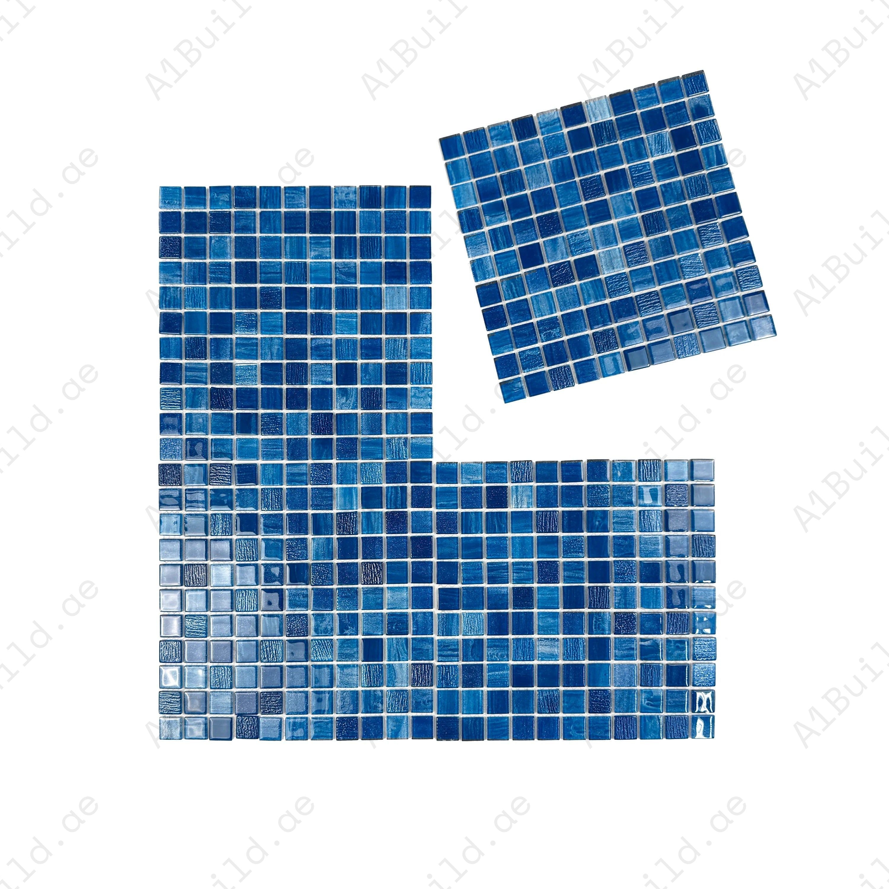 Blue & Sapphire Glass Mosaic Pool Tiles with UV protection, slip resistance and eco-friendly durability. Ideal for luxury, spas and water features in Dubai.