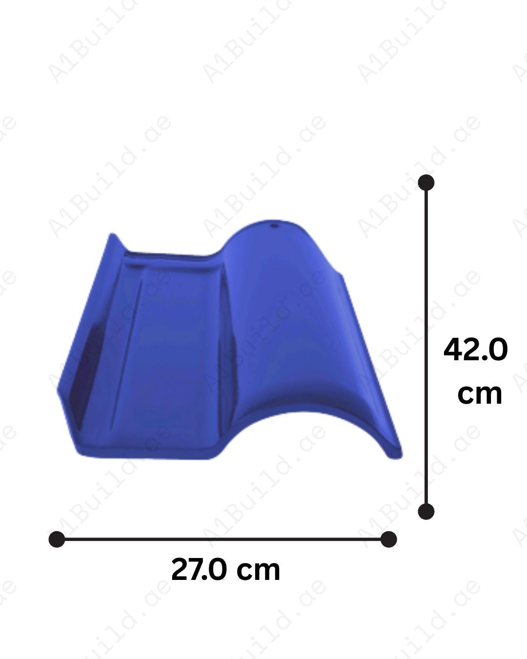 Blue curved ceramic roof tile 42×27 cm, 2.8kg each, 12 tiles/m². Weatherproof, modern, and long-lasting design for stylish durable roofing.
