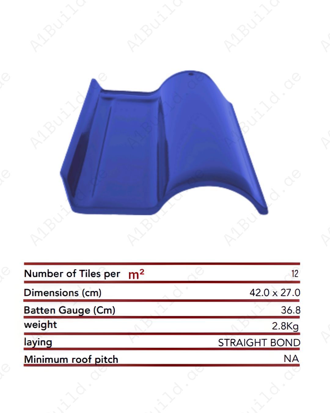 Blue curved ceramic roof tile 42×27 cm, 2.8kg each, 12 tiles/m². Weatherproof, modern, and long-lasting design for stylish durable roofing.