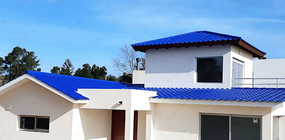 Blue curved ceramic roof tile 42×27 cm, 2.8kg each, 12 tiles/m². Weatherproof, modern, and long-lasting design for stylish durable roofing.