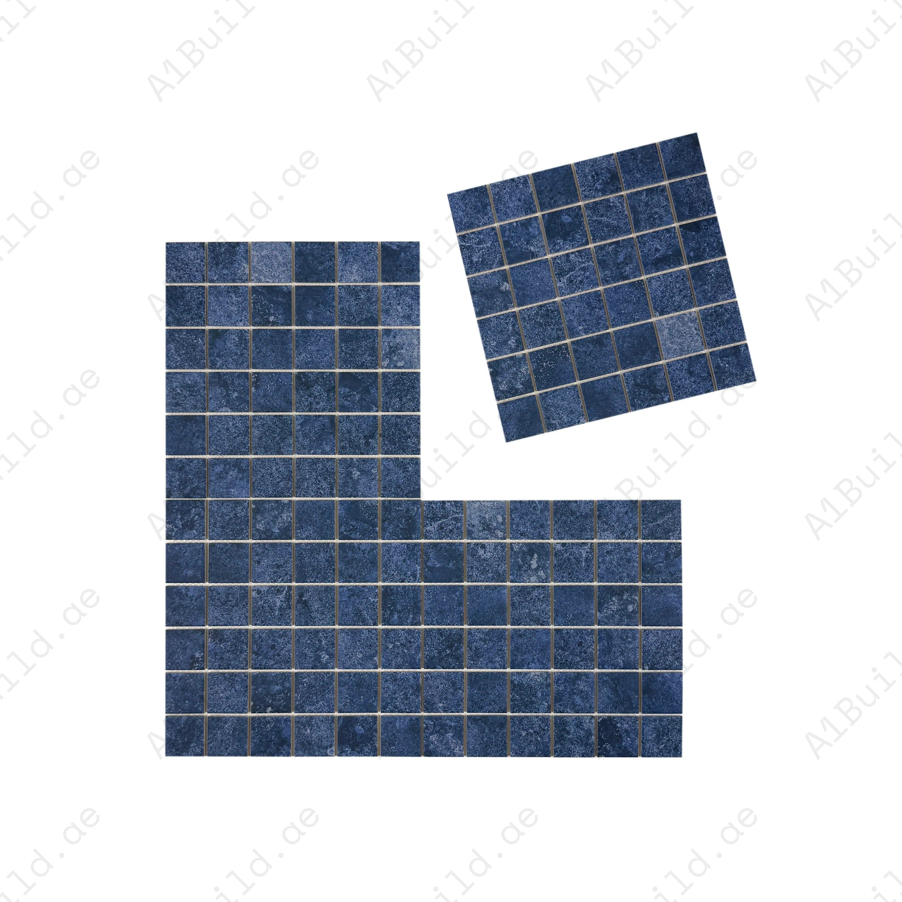 Blue matte porcelain mosaic tiles for pools and spas. Slip-resistant, UV durable, eco-friendly, and perfect for residential and commercial aquatic spaces.