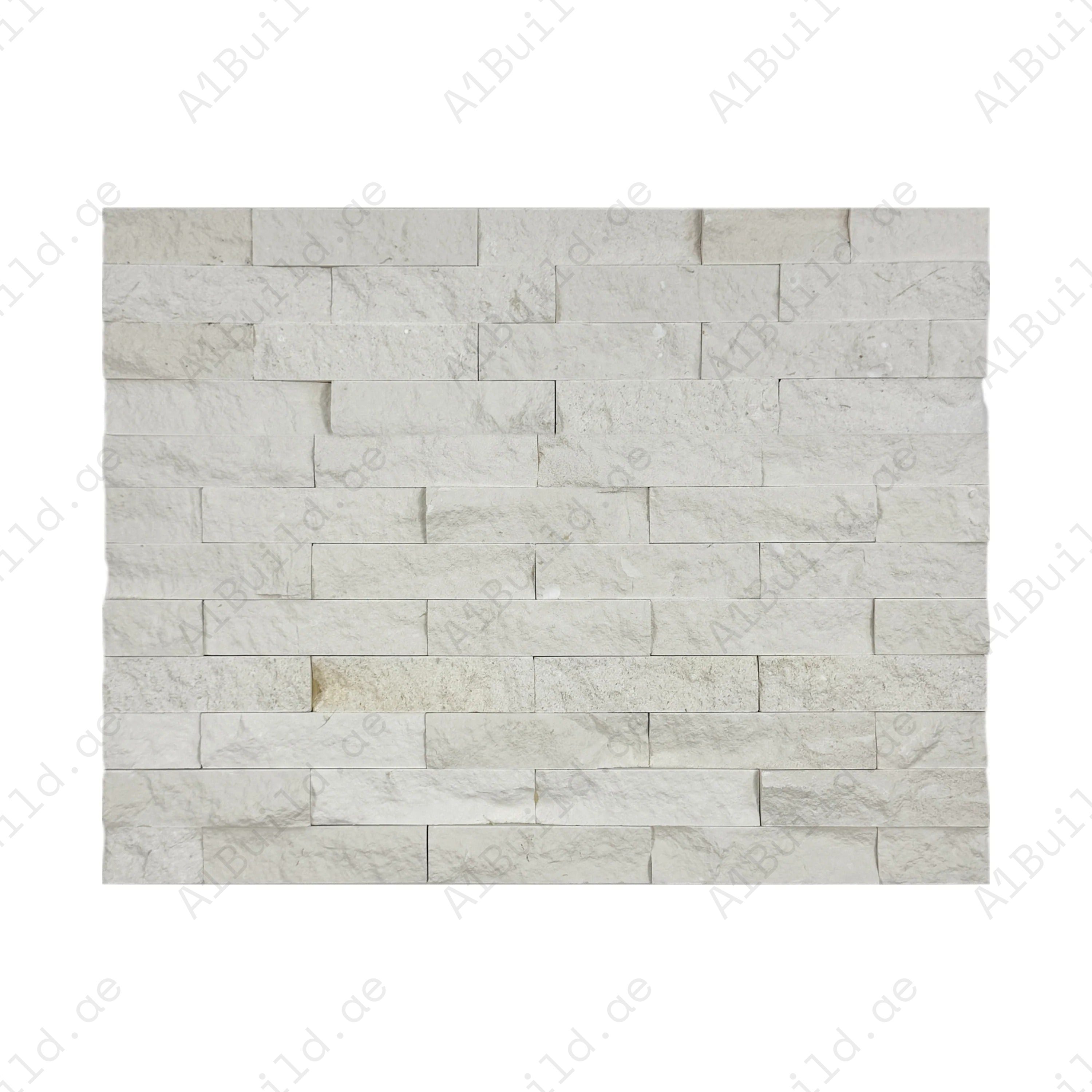 Brighten spaces with Luxe Aura White Split Limestone wall cladding. Durable slate stone 150x600mm, 4 lines/sheet; ideal for interior, facades and feature walls.