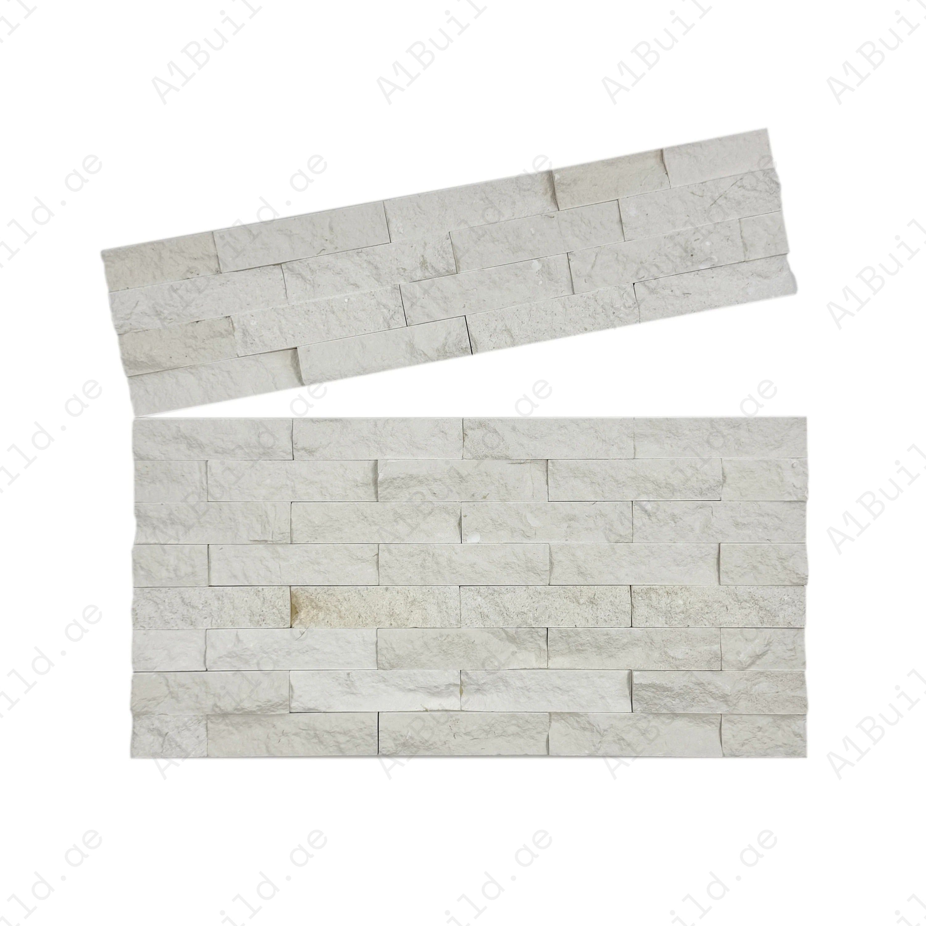 Brighten spaces with Luxe Aura White Split Limestone wall cladding. Durable slate stone 150x600mm, 4 lines/sheet; ideal for interior, facades and feature walls.