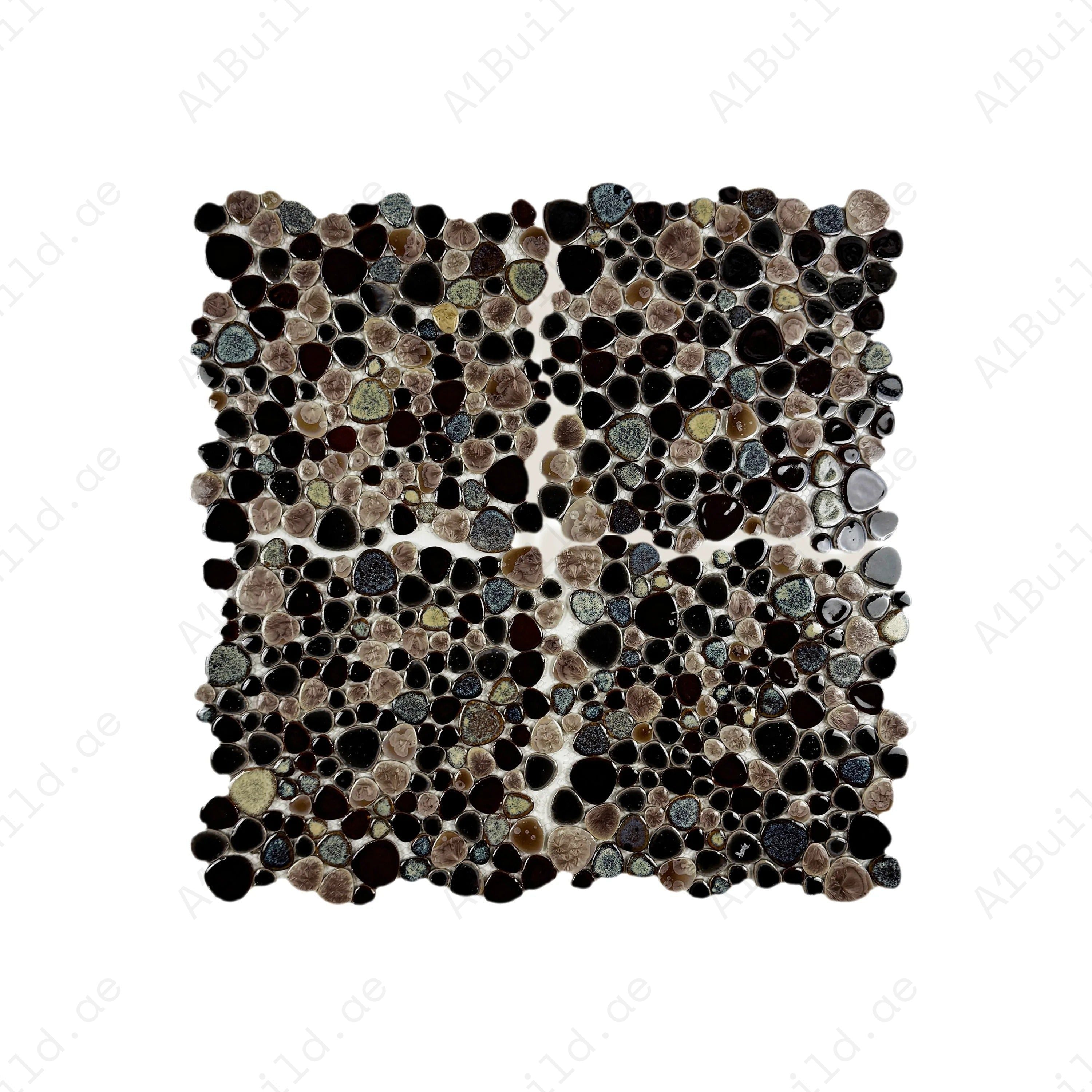 Brown mixed round ice crack porcelain mosaic tile for walls, bathrooms, and kitchens. Durable, water-resistant, and stylish for modern decorative interiors.