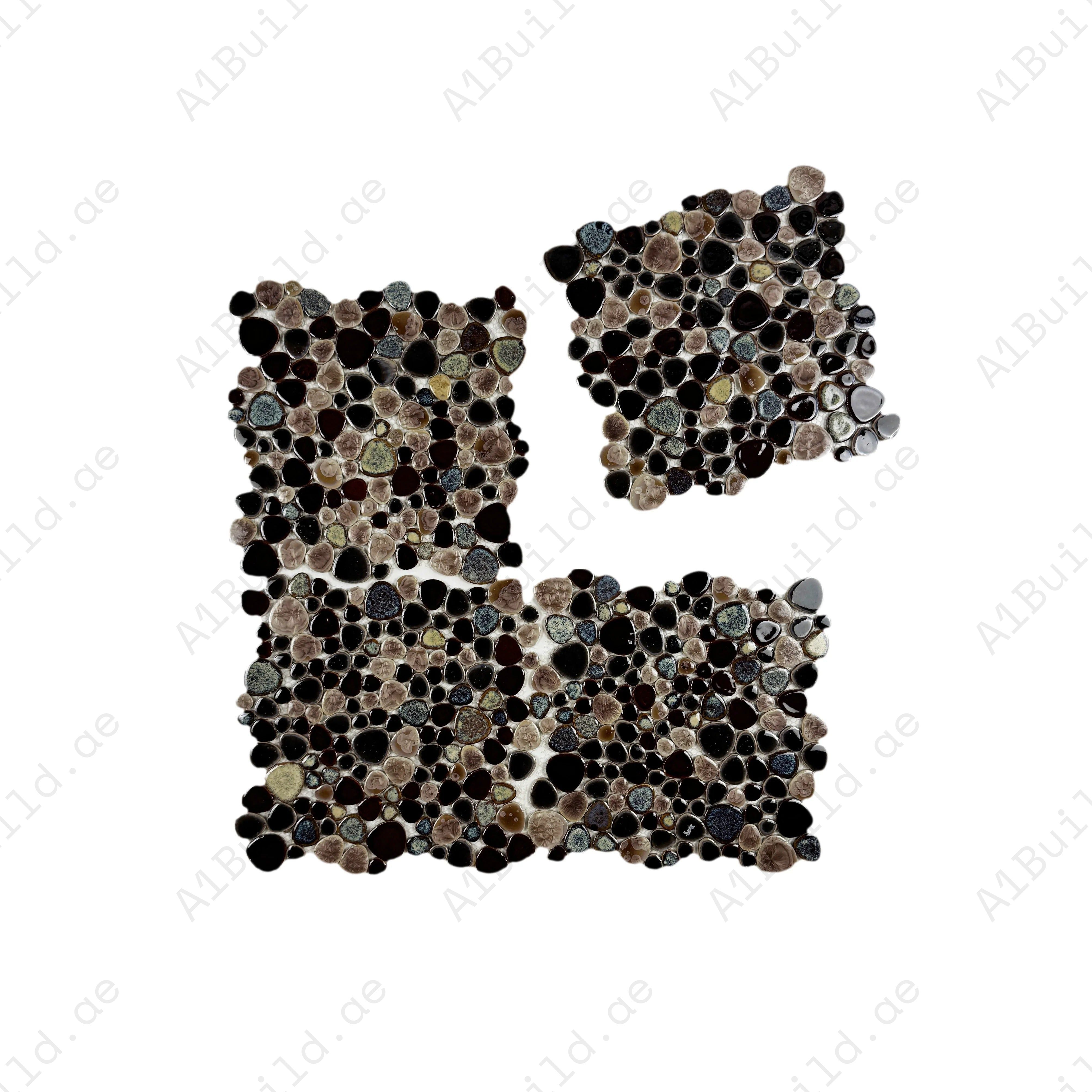 Brown mixed round ice crack porcelain mosaic tile for walls, bathrooms, and kitchens. Durable, water-resistant, and stylish for modern decorative interiors.