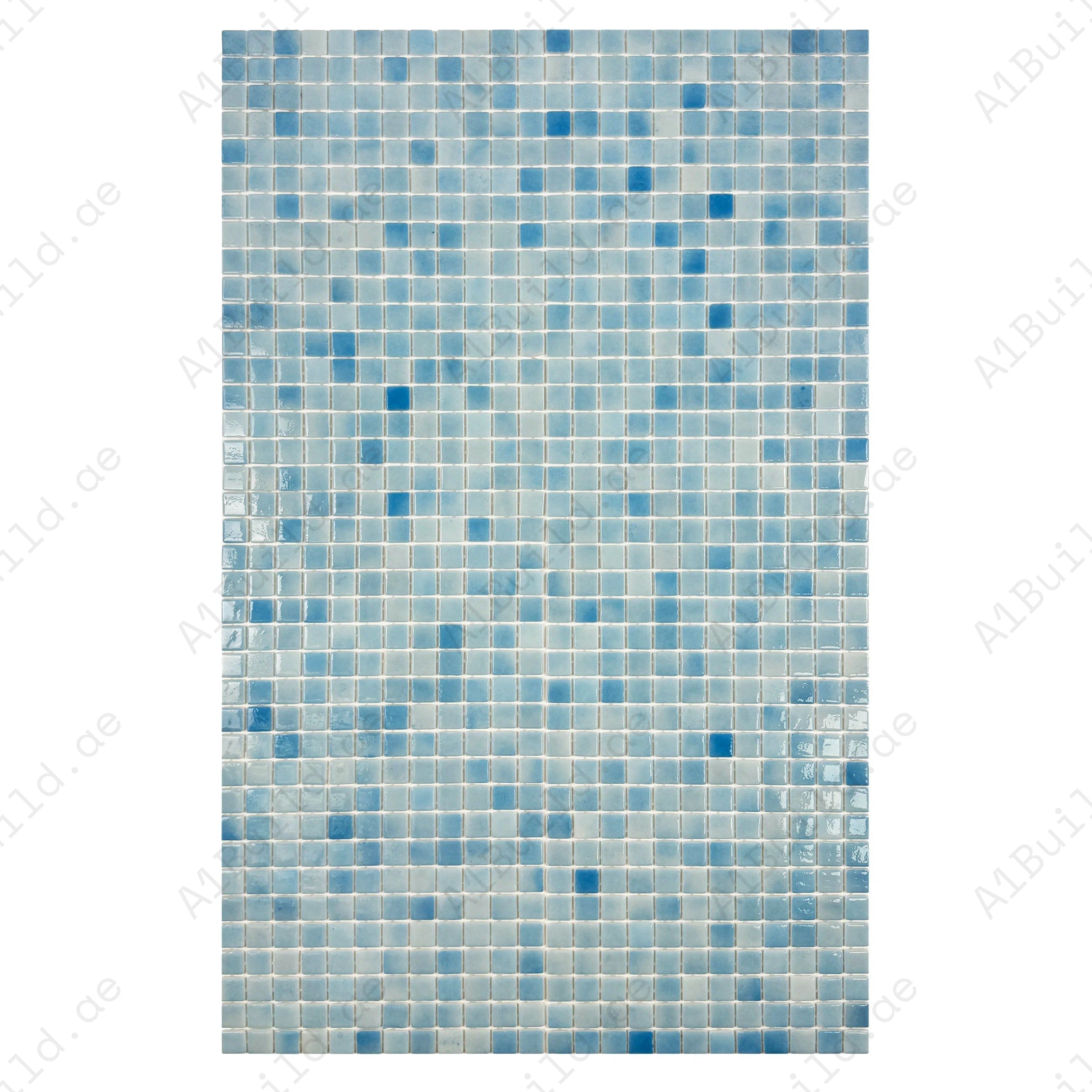 Buy French Blue recycled glass mosaic tiles – eco-friendly, slip-resistant, UV and corrosion-resistant. Perfect for pools, spas, and water features. 2 sqm/box.