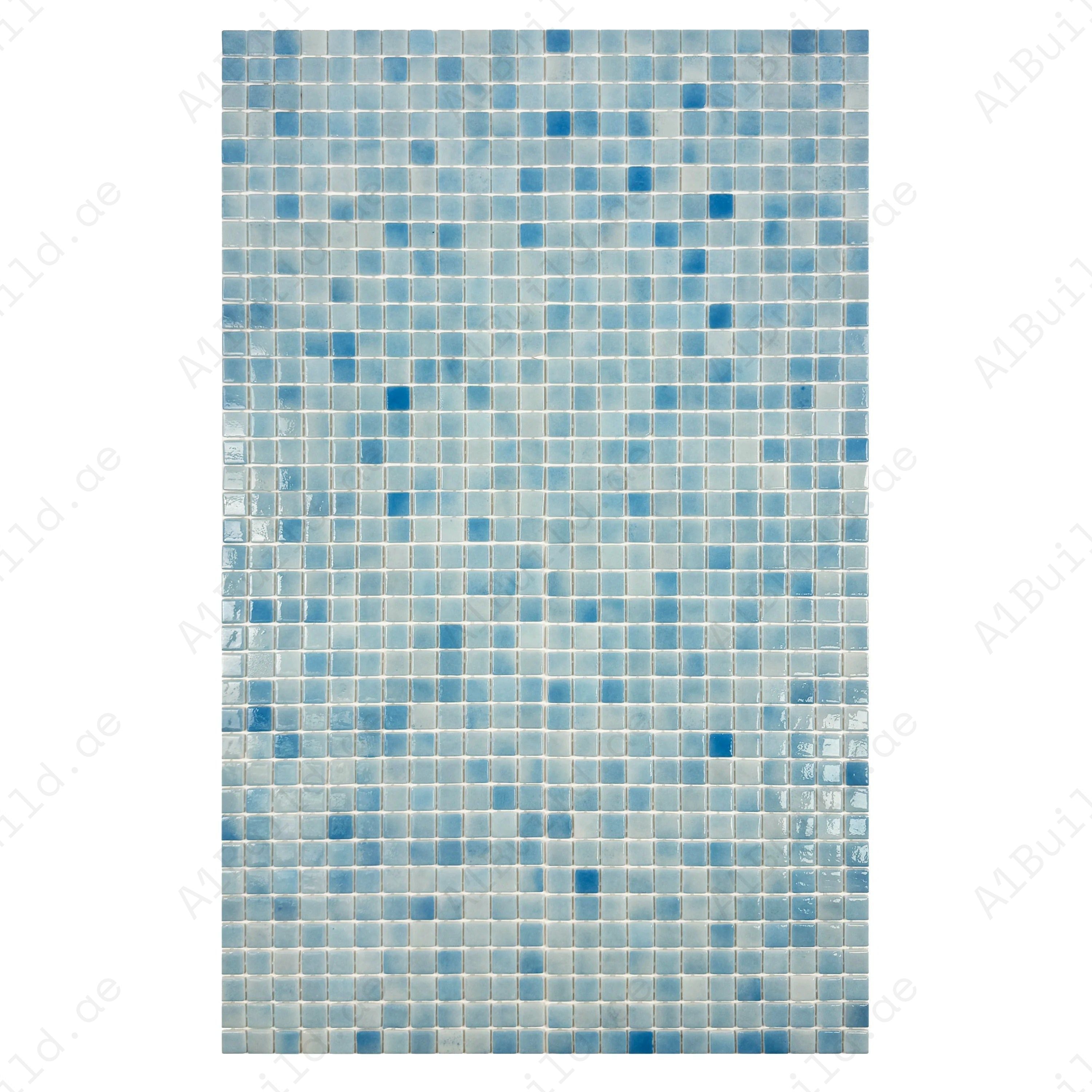 Buy French Blue recycled glass mosaic tiles – eco-friendly, slip-resistant, UV and corrosion-resistant. Perfect for pools, spas, and water features. 2 sqm/box.