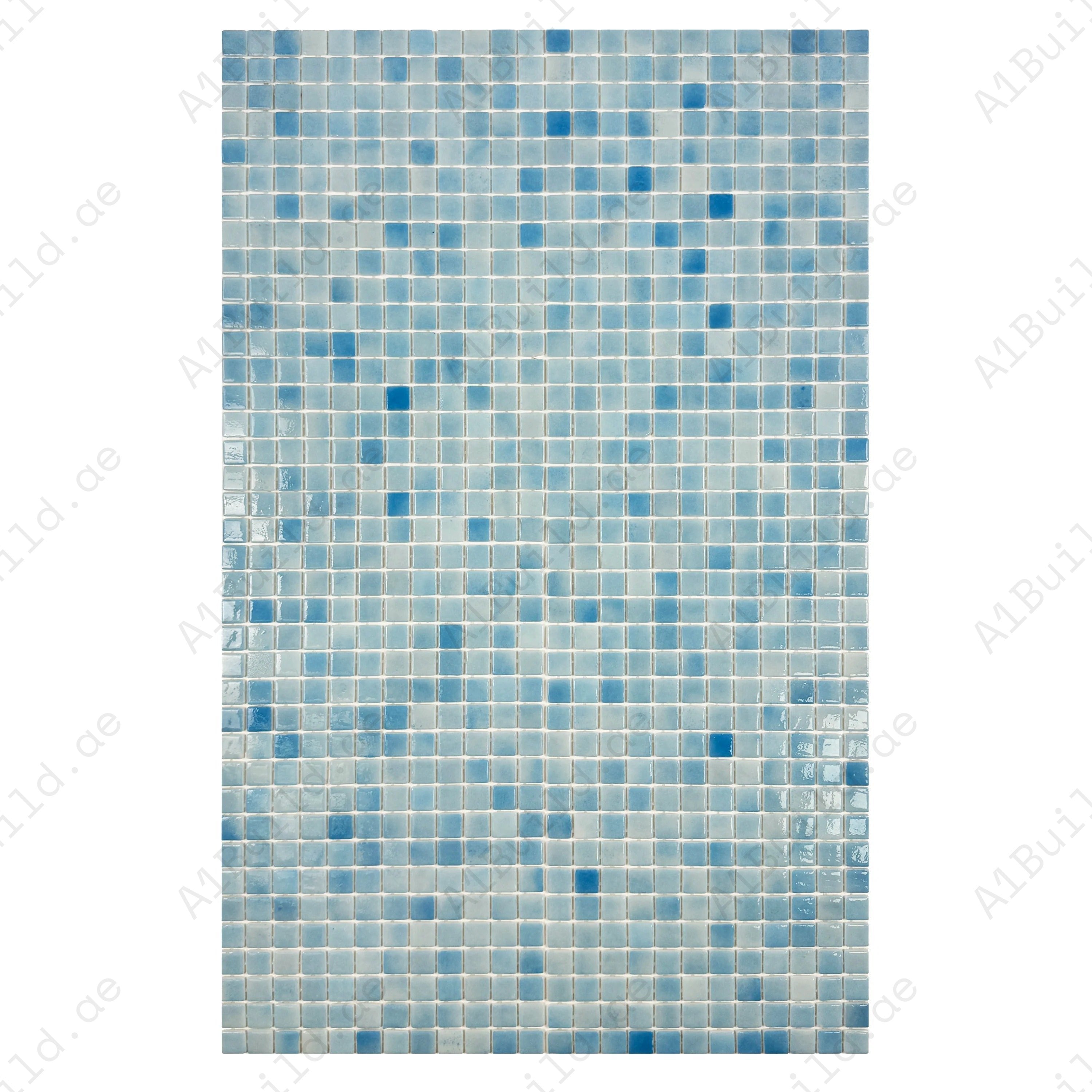Buy French Blue recycled glass mosaic tiles – eco-friendly, slip-resistant, UV and corrosion-resistant. Perfect for pools, spas, and water features. 2 sqm/box.