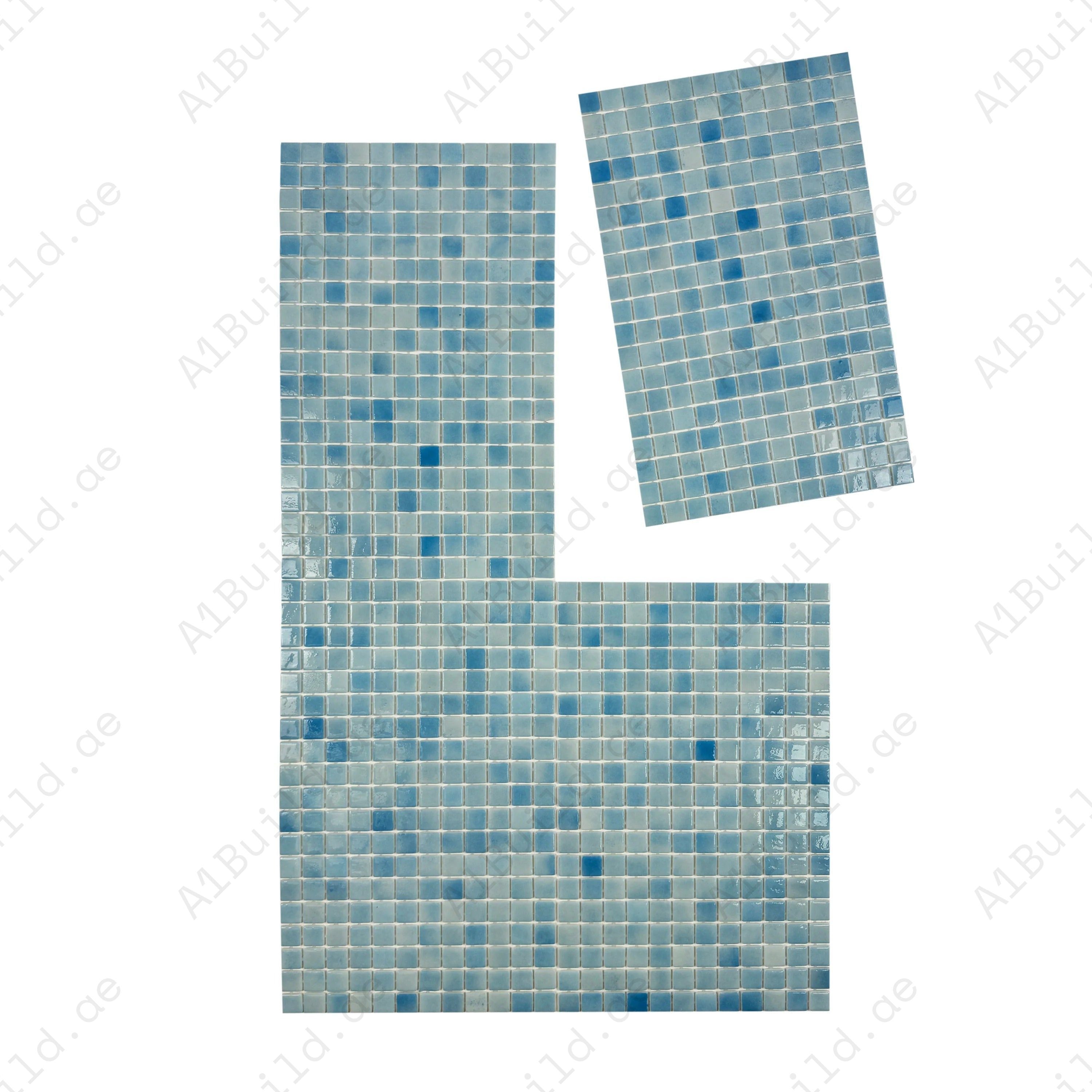 Buy French Blue recycled glass mosaic tiles – eco-friendly, slip-resistant, UV and corrosion-resistant. Perfect for pools, spas, and water features. 2 sqm/box.