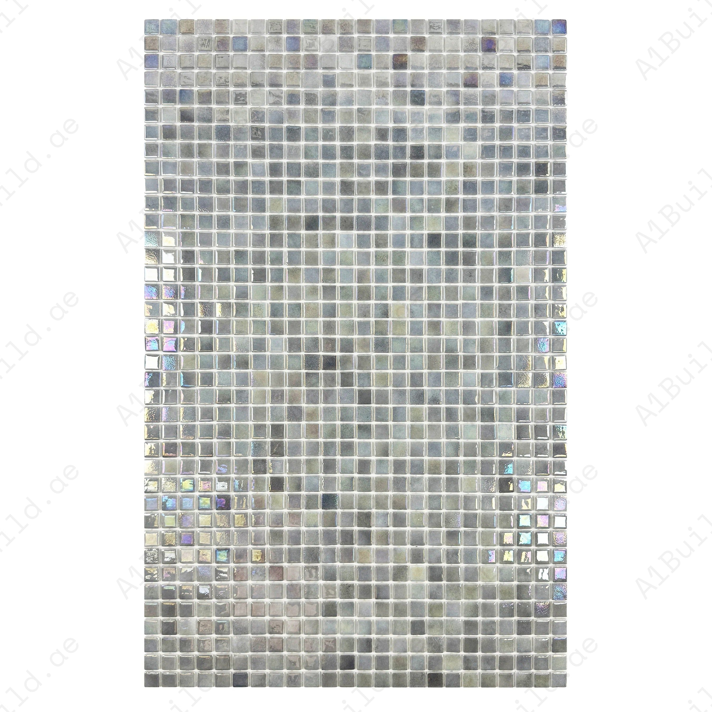 Buy Light Grey Iridescent Recycled Glass Mosaic Tiles – eco-friendly, durable, UV & slip-resistant. Perfect for swimming pools, spas, water features & walls.