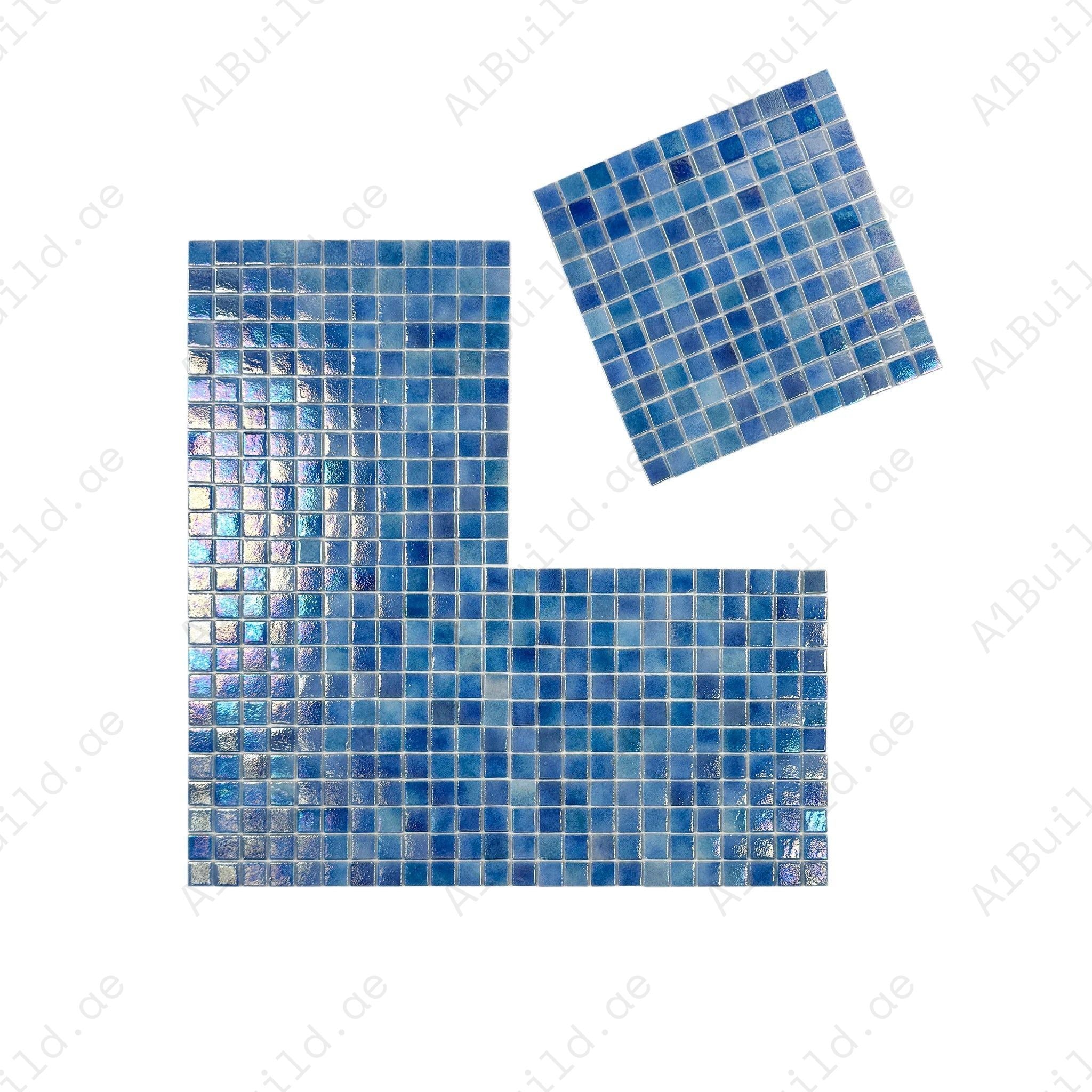 Buy Teal Blue Iridescent Recycled Glass Mosaic Tiles – eco-friendly, durable, UV & slip-resistant. Perfect for swimming pools, spas, water features & walls.