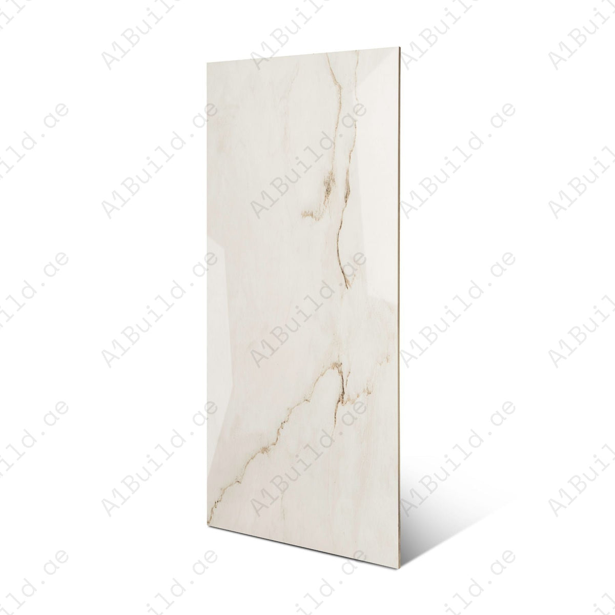 Calcutta Bianco Oro glossy marble porcelain tile 60x120cm with 9mm thickness features white base, gold and grey veining with polished finish.