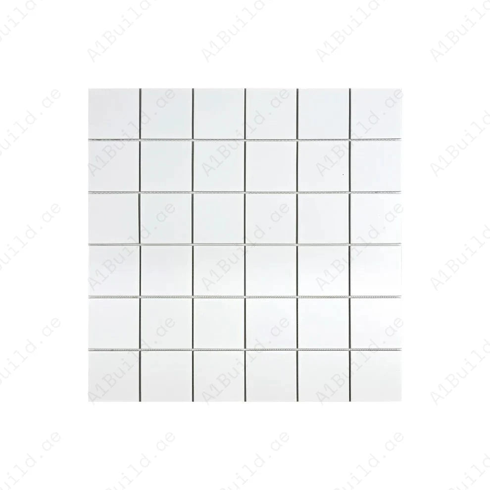 Carrara Lumina Off White Matt Porcelain Mosaic MCS660530. 97x97 mm chips, 296x300 mm sheets. 11 sheets per box cover 1 sqm. Durable, elegant, and versatile.
