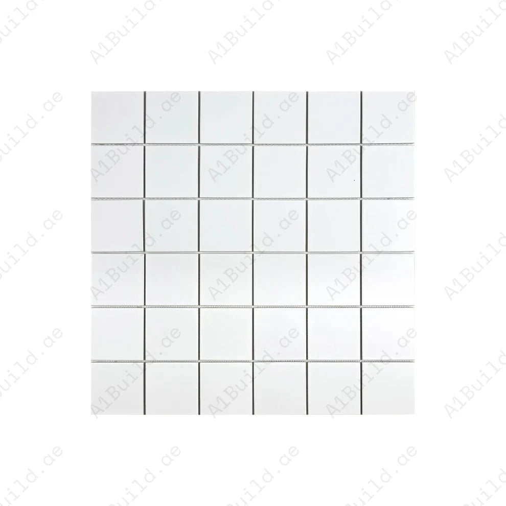 Carrara Lumina Off White Matt Porcelain Mosaic MCS660530. 97x97 mm chips, 296x300 mm sheets. 11 sheets per box cover 1 sqm. Durable, elegant, and versatile.