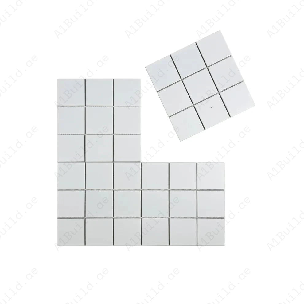 Carrara Lumina Off White Matt Porcelain Mosaic MCS660530. 97x97 mm chips, 296x300 mm sheets. 11 sheets per box cover 1 sqm. Durable, elegant, and versatile.