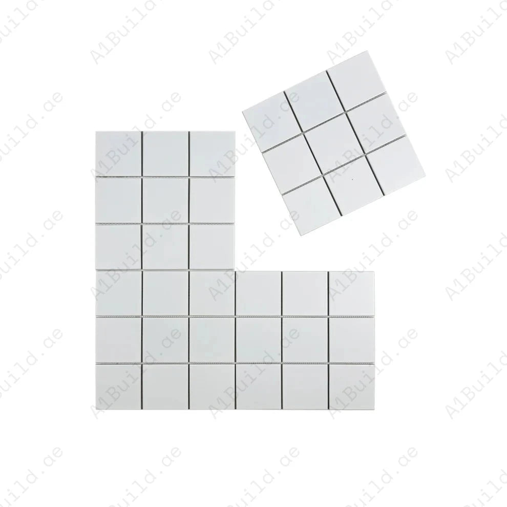 Carrara Lumina Off White Matt Porcelain Mosaic MCS660530. 97x97 mm chips, 296x300 mm sheets. 11 sheets per box cover 1 sqm. Durable, elegant, and versatile.