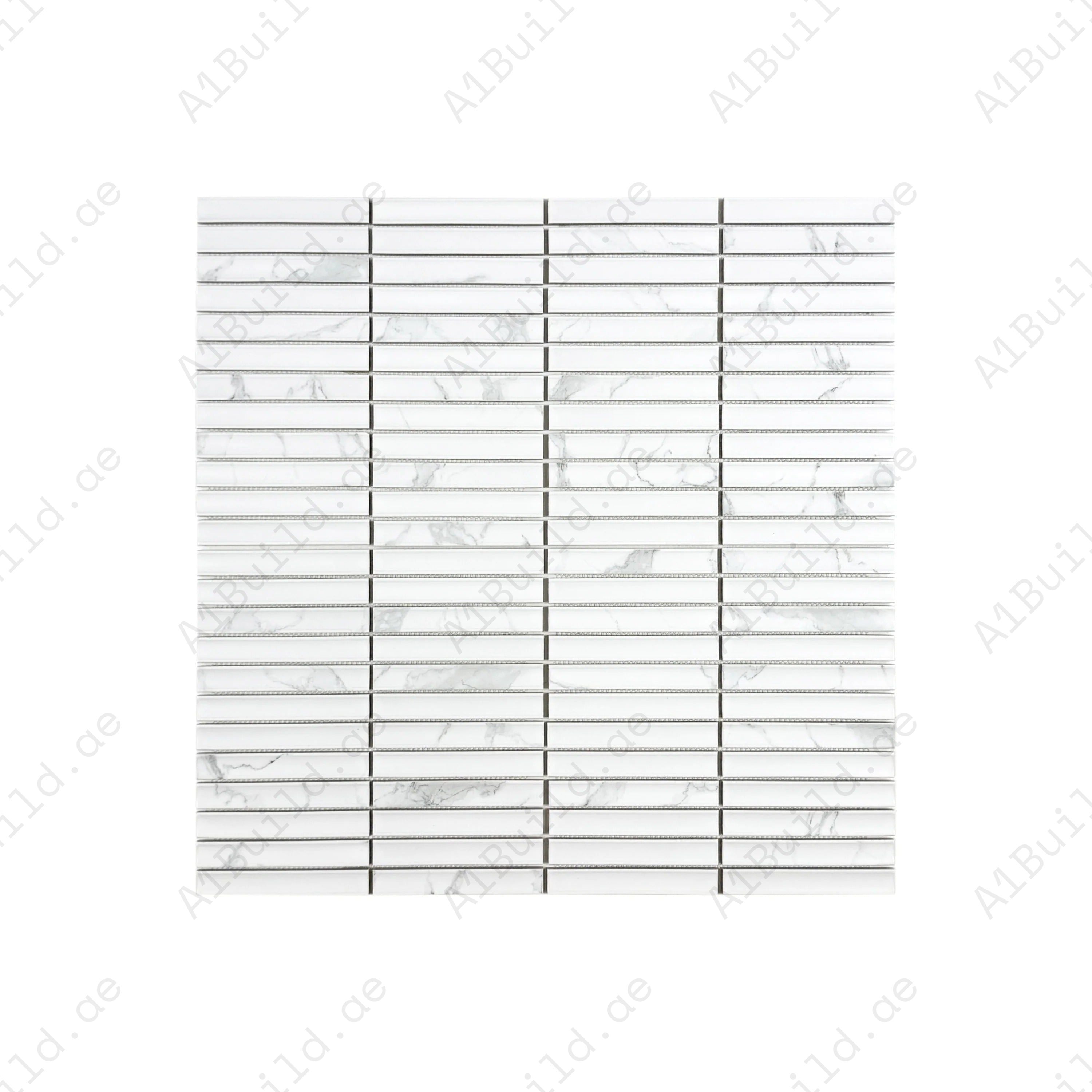 Carrara Lumina Series Carrara White Concave Surface Porcelain Mosaic, 22x145 mm chips. Durable, stylish long strip tiles for walls, floors & backsplashes.