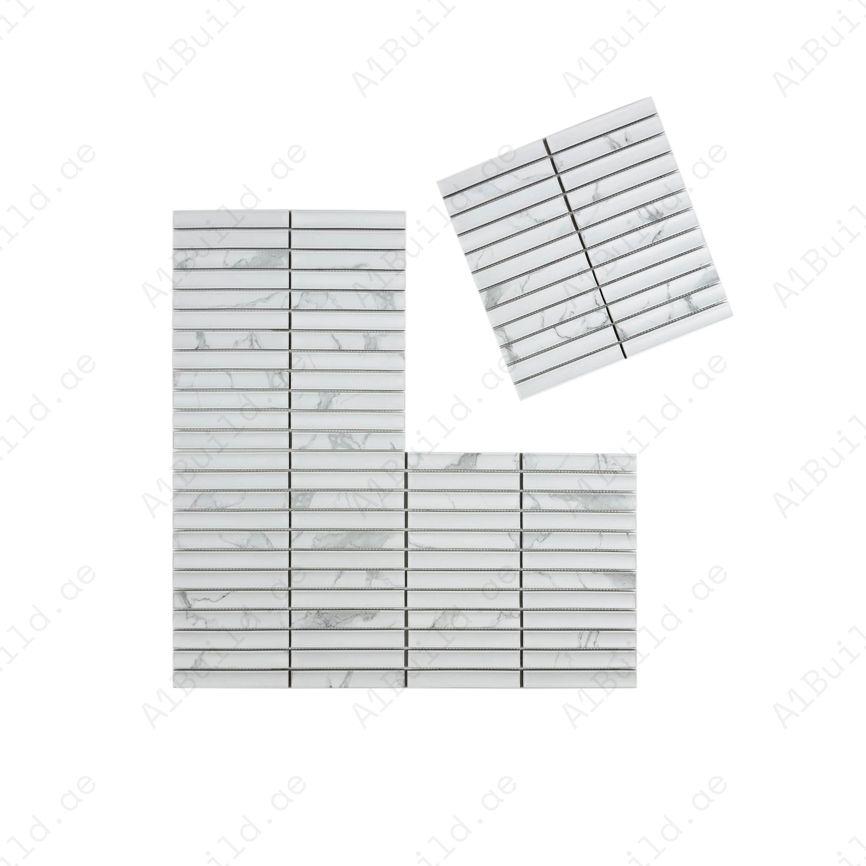 Carrara Lumina Series Carrara White Concave Surface Porcelain Mosaic, 22x145 mm chips. Durable, stylish long strip tiles for walls, floors & backsplashes.