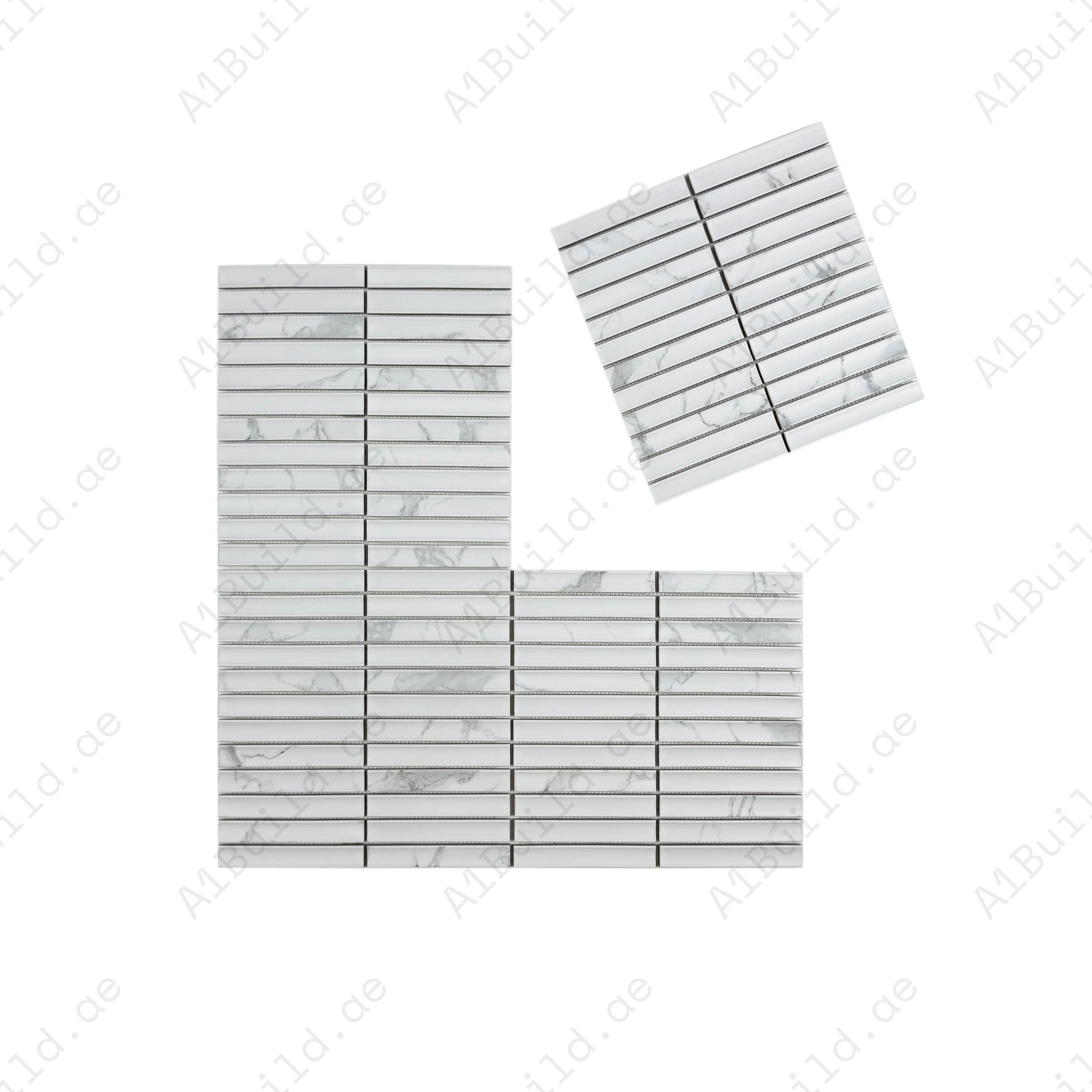 Carrara Lumina Series Carrara White Concave Surface Porcelain Mosaic, 22x145 mm chips. Durable, stylish long strip tiles for walls, floors & backsplashes.