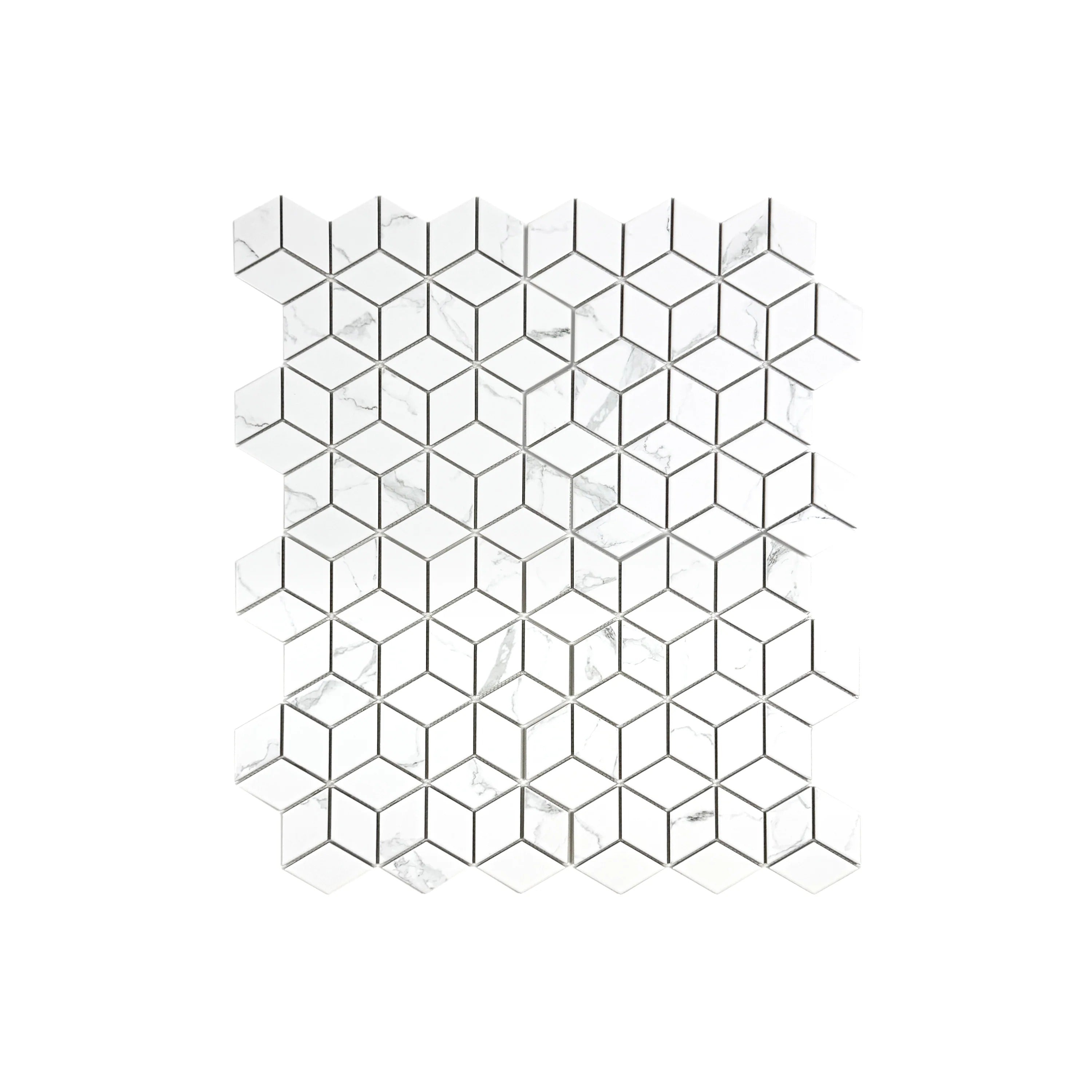 Carrara Lumina Series White Diamond Porcelain Mosaic, 48x80mm chips, timeless Carrara tones, durable & stylish for bathroom, kitchen backsplash & walls.