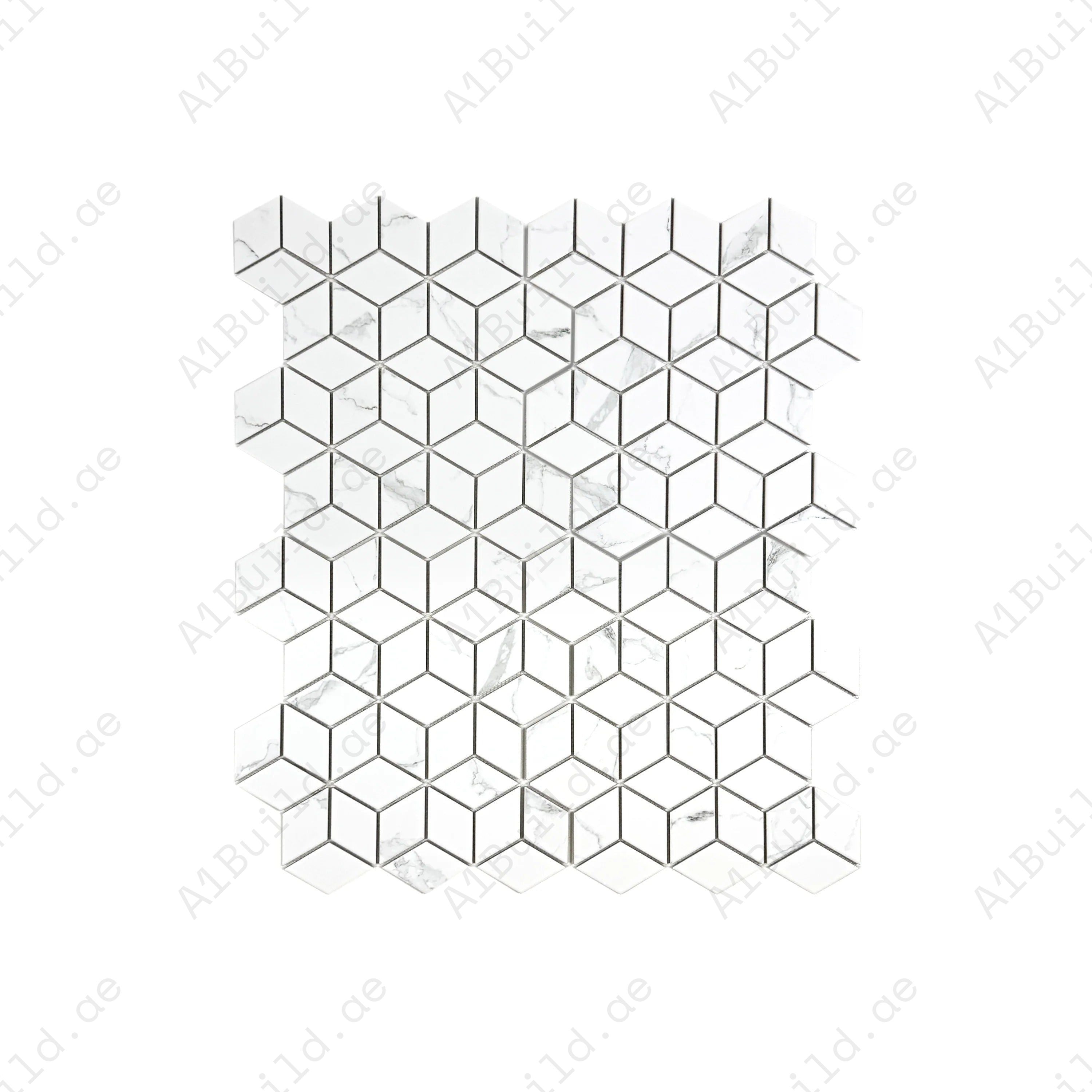 Carrara Lumina Series White Diamond Porcelain Mosaic, 48x80mm chips, timeless Carrara tones, durable & stylish for bathroom, kitchen backsplash & walls.