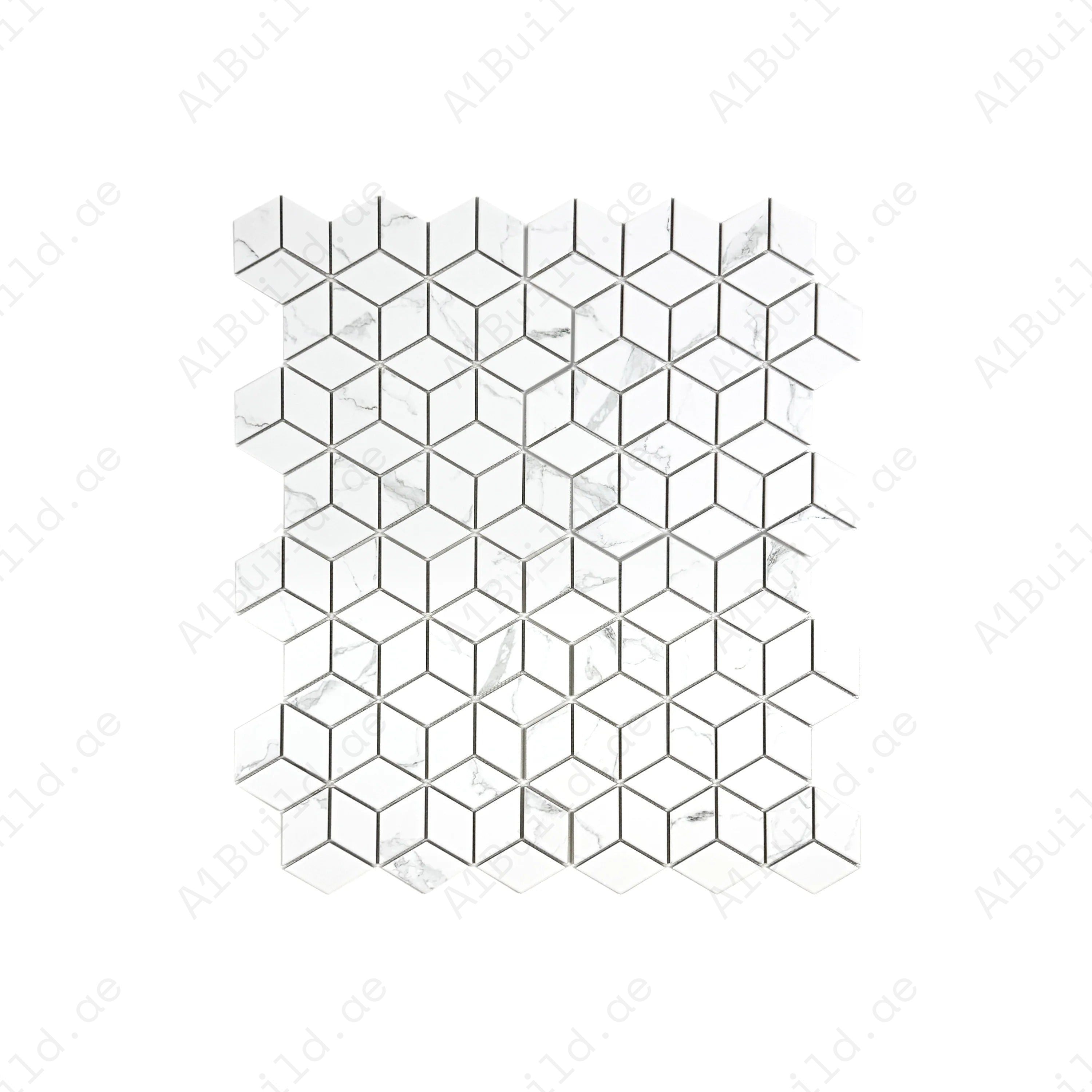Carrara Lumina Series White Diamond Porcelain Mosaic, 48x80mm chips, timeless Carrara tones, durable & stylish for bathroom, kitchen backsplash & walls.