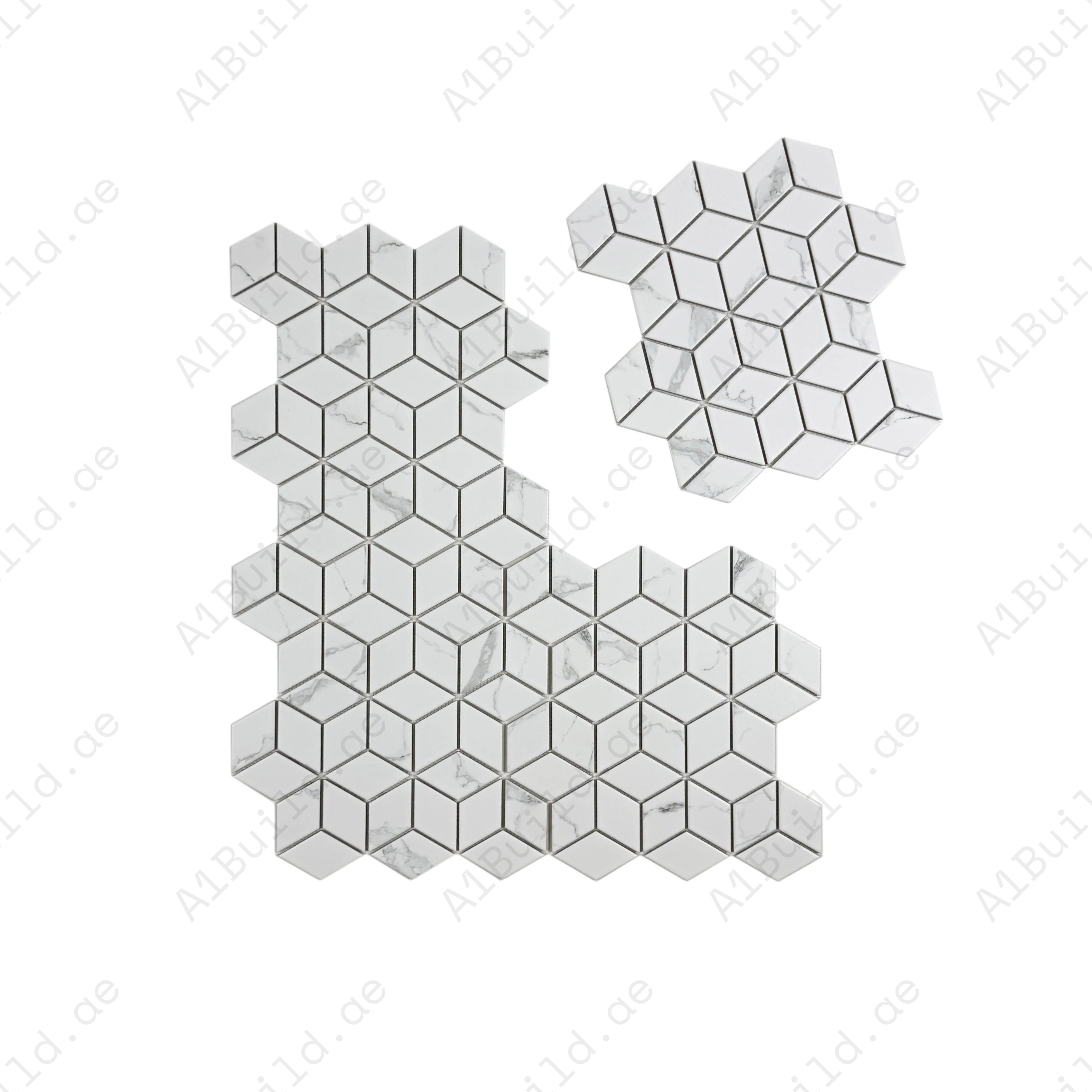 Carrara Lumina Series White Diamond Porcelain Mosaic, 48x80mm chips, timeless Carrara tones, durable & stylish for bathroom, kitchen backsplash & walls.