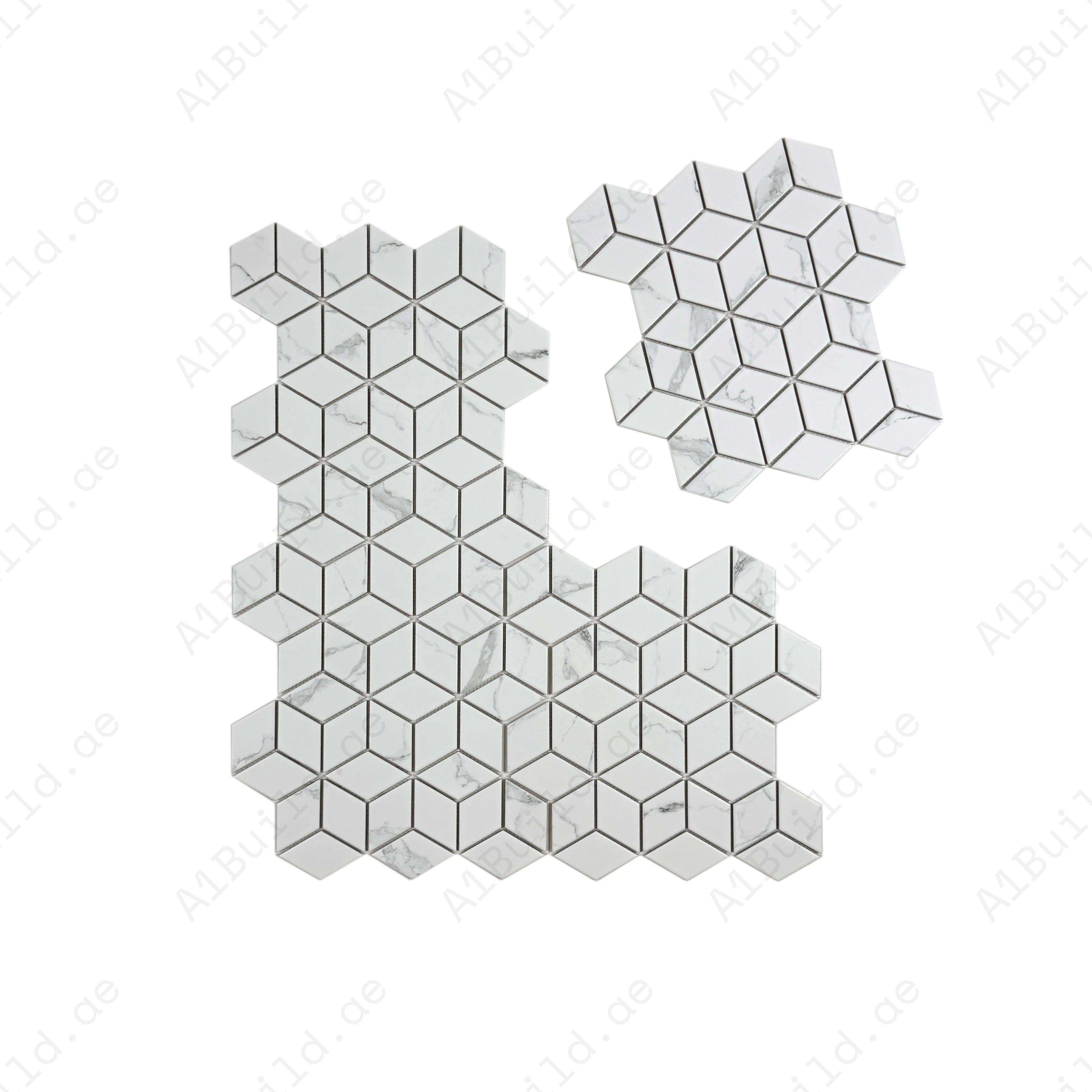 Carrara Lumina Series White Diamond Porcelain Mosaic, 48x80mm chips, timeless Carrara tones, durable & stylish for bathroom, kitchen backsplash & walls.