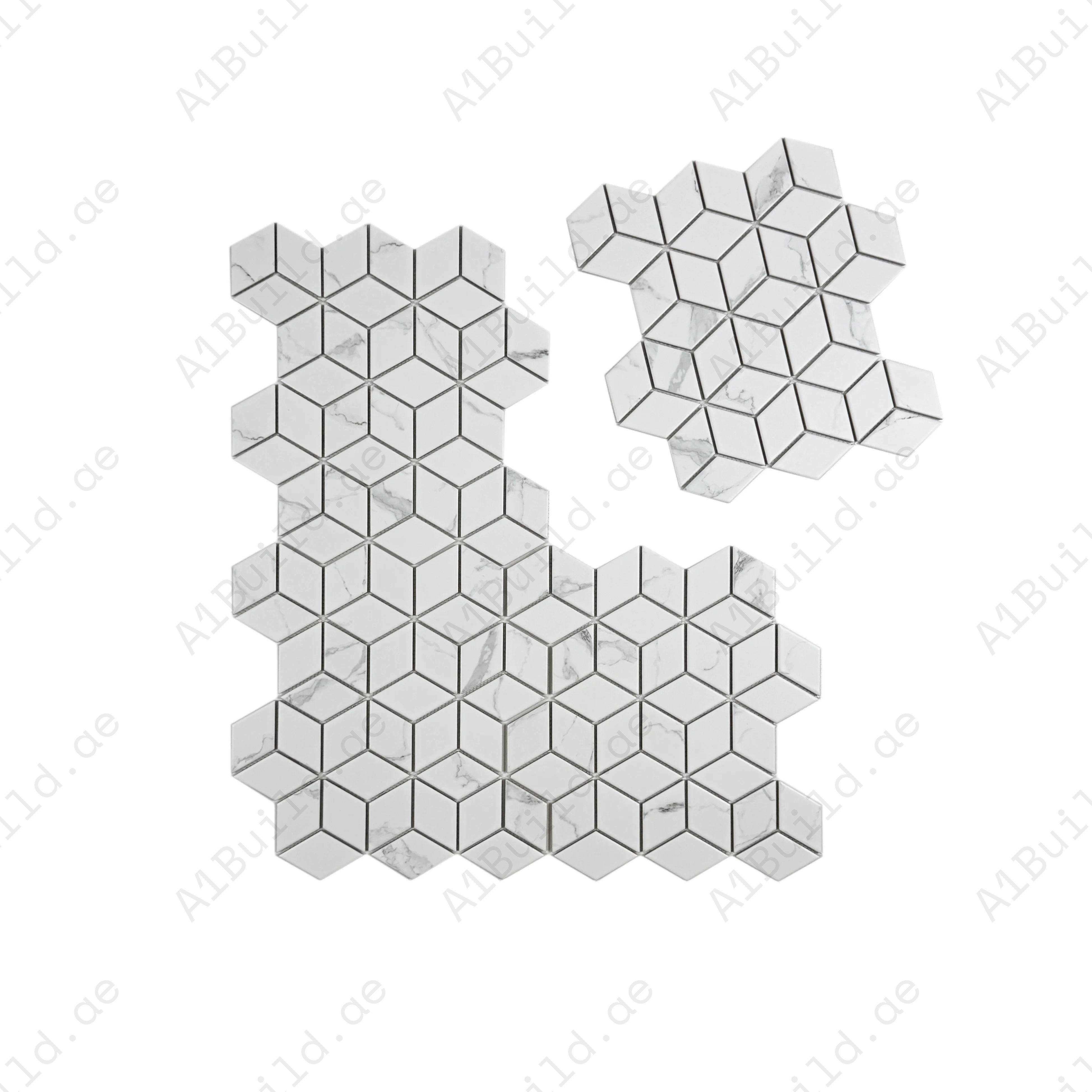 Carrara Lumina Series White Diamond Porcelain Mosaic, 48x80mm chips, timeless Carrara tones, durable & stylish for bathroom, kitchen backsplash & walls.