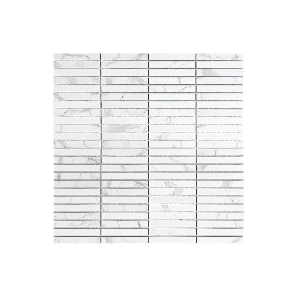 Carrara Lumina White Flat Surface Long Strip Porcelain Mosaic offers durability, elegance, and easy maintenance, ideal for walls, floors, and backsplash.