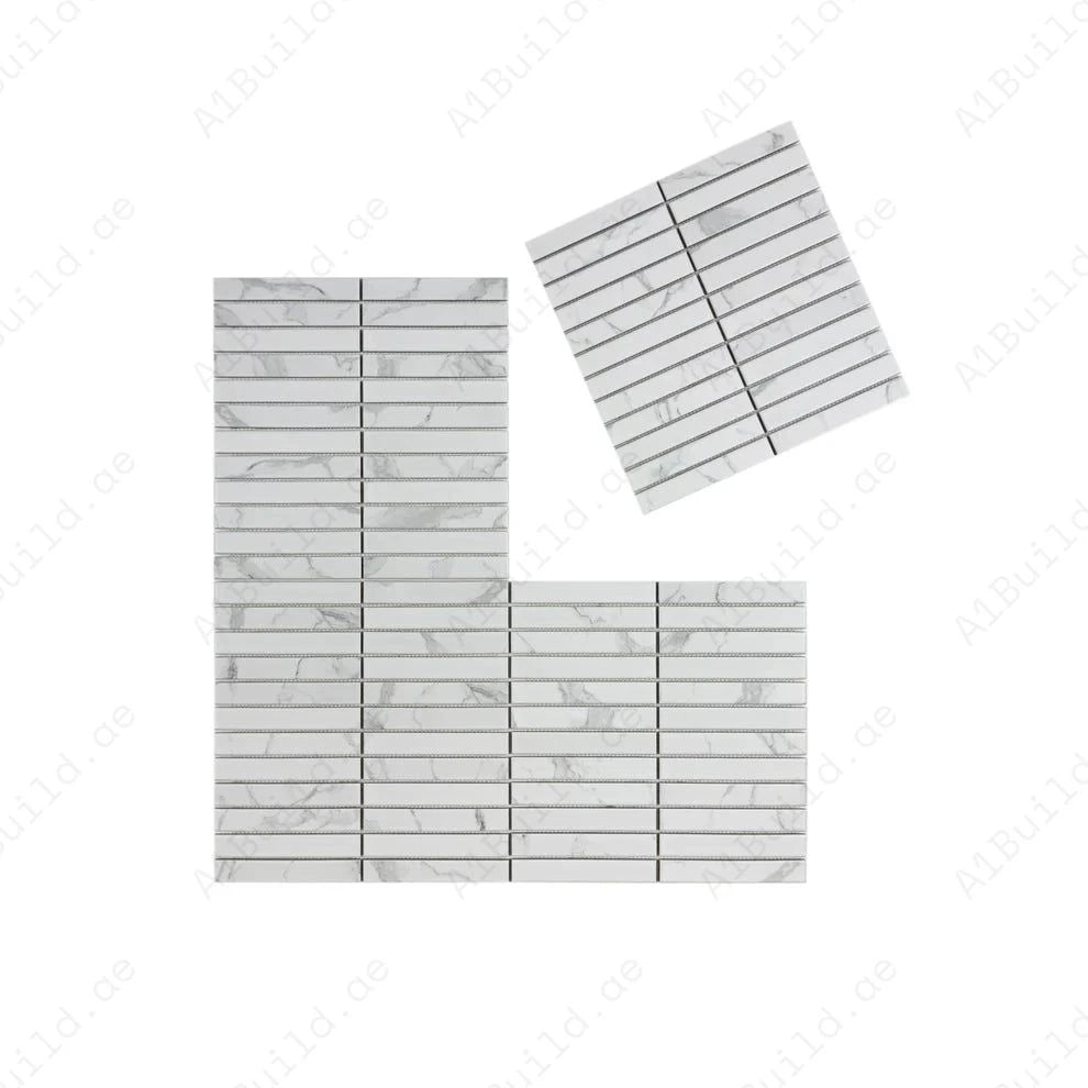 Carrara Lumina White Flat Surface Long Strip Porcelain Mosaic offers durability, elegance, and easy maintenance, ideal for walls, floors, and backsplash.