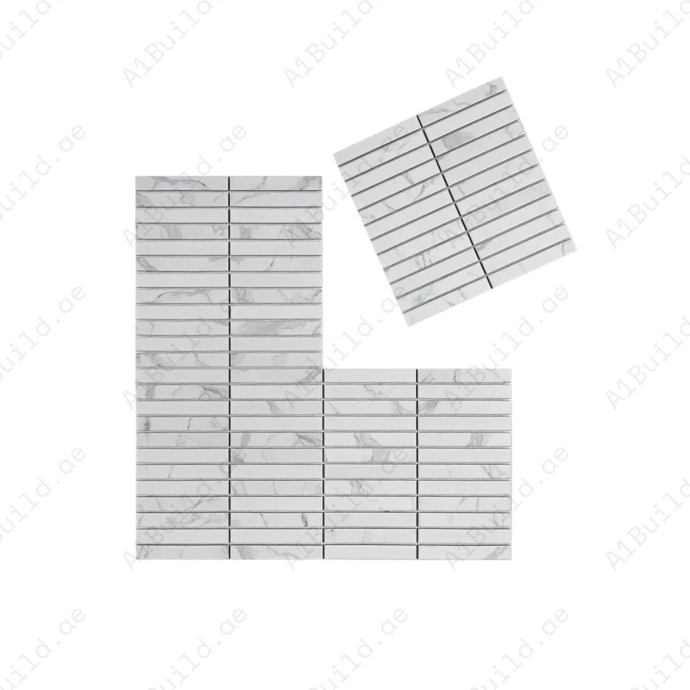 Carrara Lumina White Flat Surface Long Strip Porcelain Mosaic offers durability, elegance, and easy maintenance, ideal for walls, floors, and backsplash.