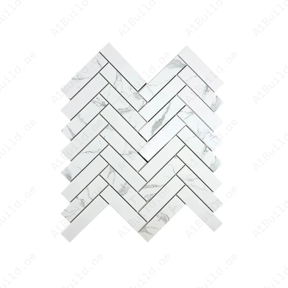Carrara Lumina White Herringbone Porcelain Mosaic MCS660503. Elegant 50x200 mm porcelain chips, 12 sheets/box, covering 0.85 sqm. Durable and stylish choice