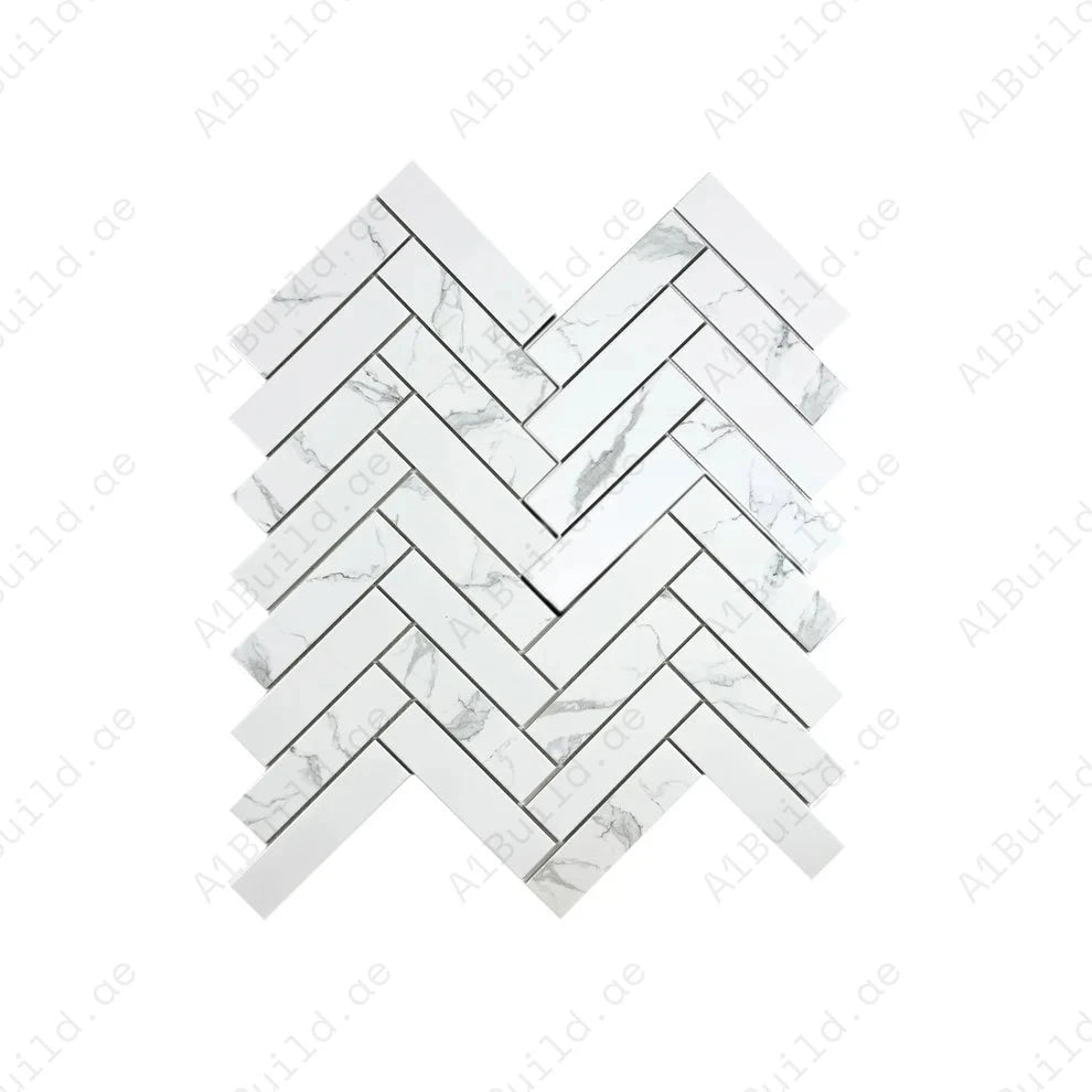 Carrara Lumina White Herringbone Porcelain Mosaic MCS660503. Elegant 50x200 mm porcelain chips, 12 sheets/box, covering 0.85 sqm. Durable and stylish choice