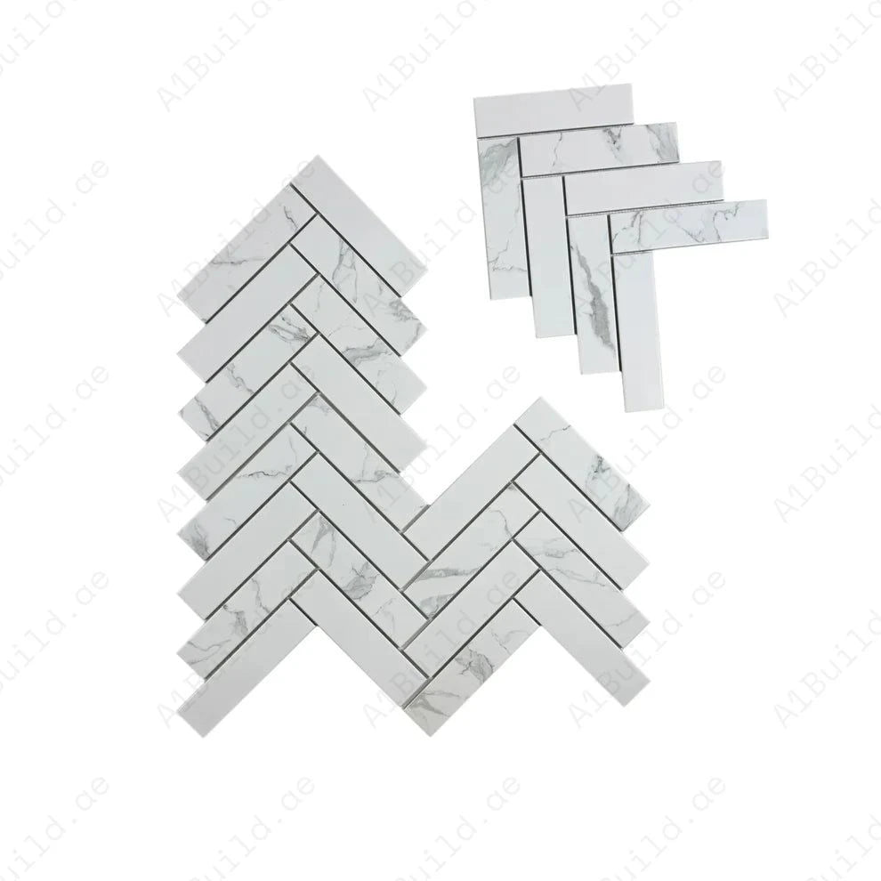 Carrara Lumina White Herringbone Porcelain Mosaic MCS660503. Elegant 50x200 mm porcelain chips, 12 sheets/box, covering 0.85 sqm. Durable and stylish choice