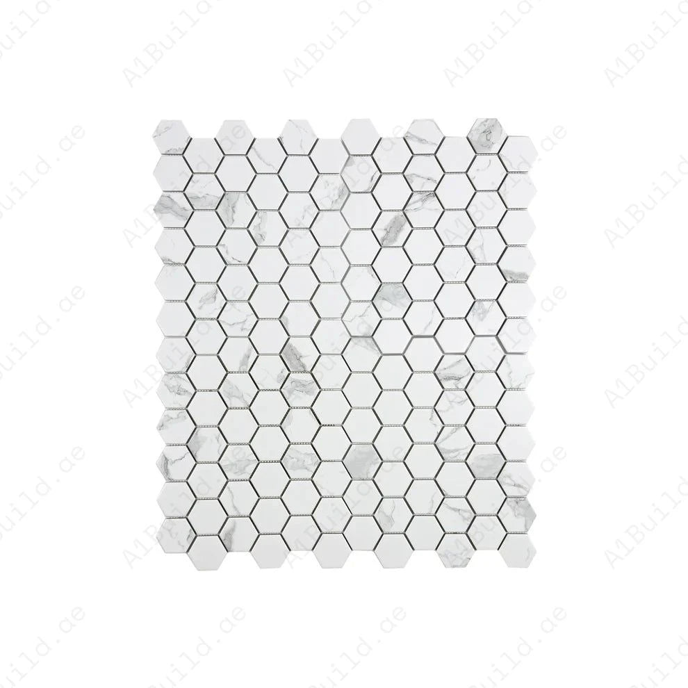 Carrara Lumina White Hexagon Porcelain Mosaic MCS660771. Premium porcelain, 22 sheets per box, covering 1.97 sqm. Elegant, durable, and easy to install.