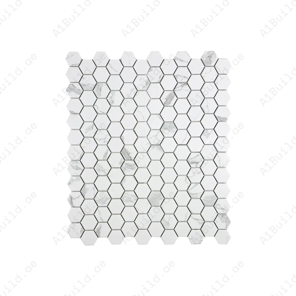 Carrara Lumina White Hexagon Porcelain Mosaic MCS660771. Premium porcelain, 22 sheets per box, covering 1.97 sqm. Elegant, durable, and easy to install.