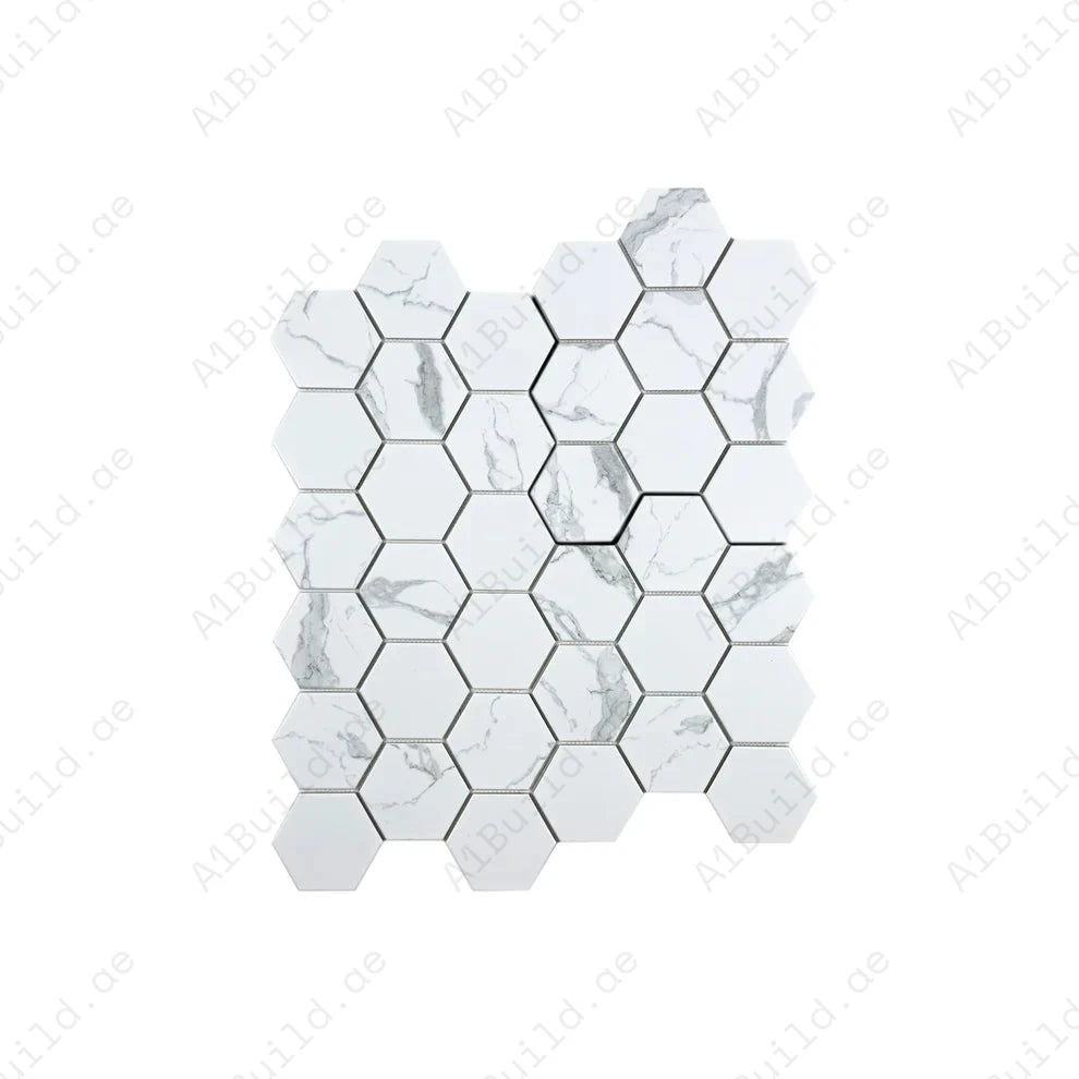 Carrara Lumina White Hexagon Porcelain Mosaic MCS660801. 95x95x6 mm chips, 255x295x6 mm sheets. Box of 13 covers 0.98 sqm. Durable porcelain; box weight 12 kgs.
